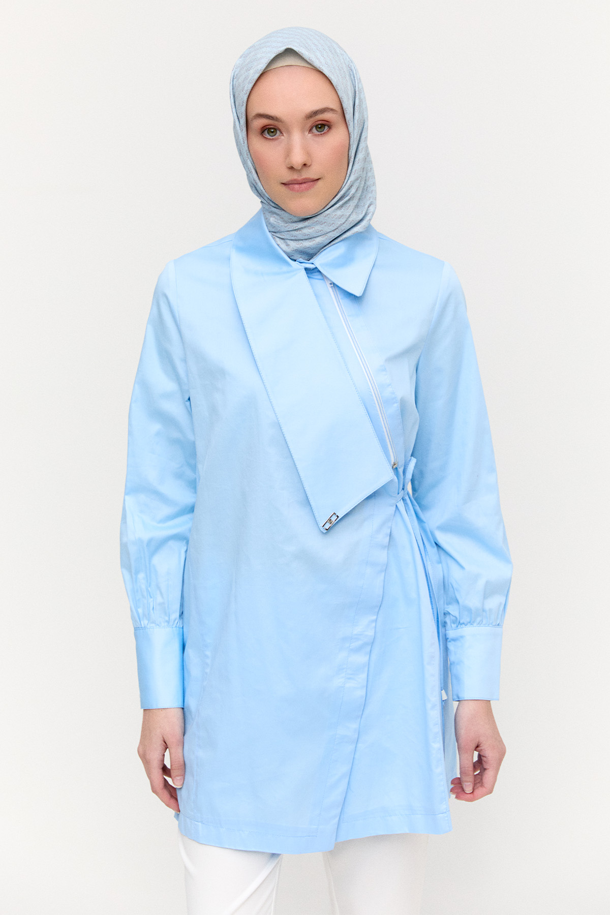 Asimetrik Yakalı Kuşaklı Pamuk Tunik, Tesettür Giyim