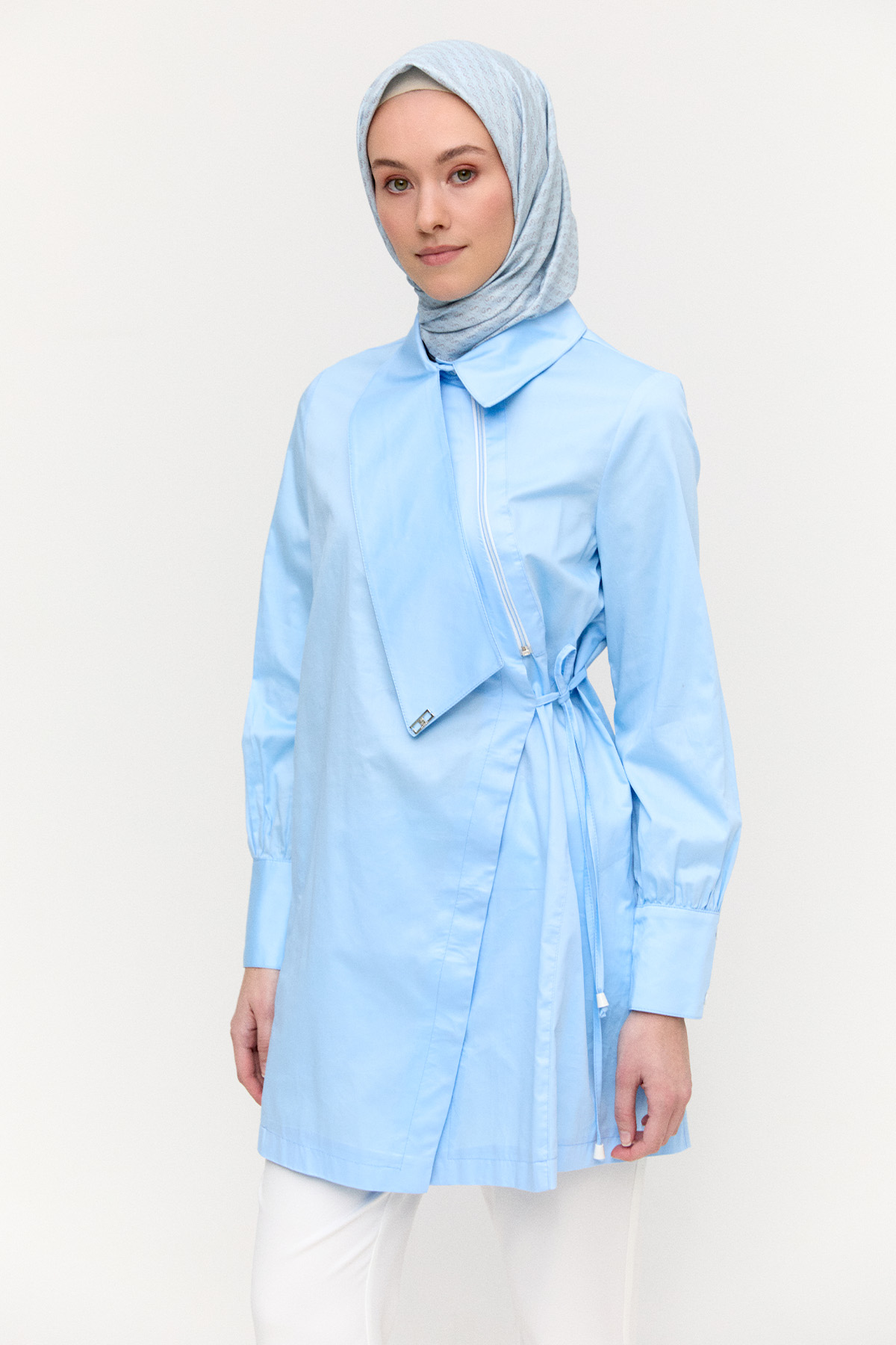Asimetrik Yakalı Kuşaklı Pamuk Tunik, Tesettür Giyim