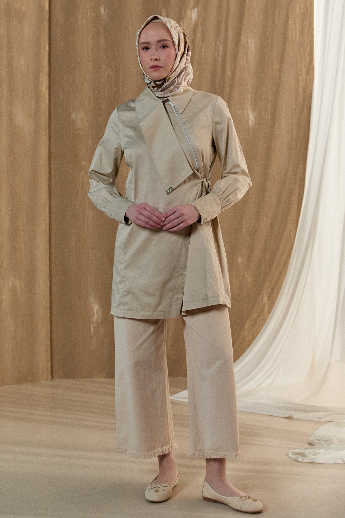 Asimetrik Yakalı Kuşaklı Pamuk Tunik, Tesettür Giyim