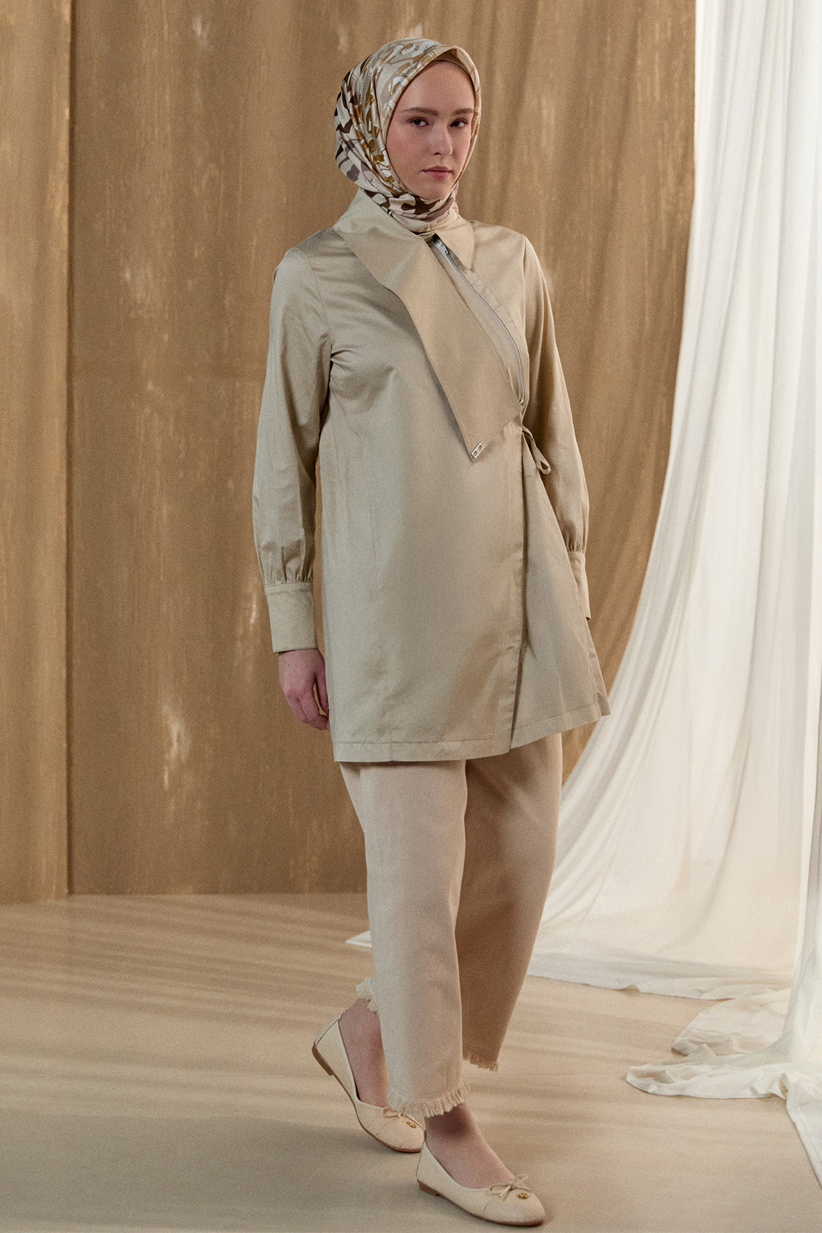 Asimetrik Yakalı Kuşaklı Pamuk Tunik, Tesettür Giyim