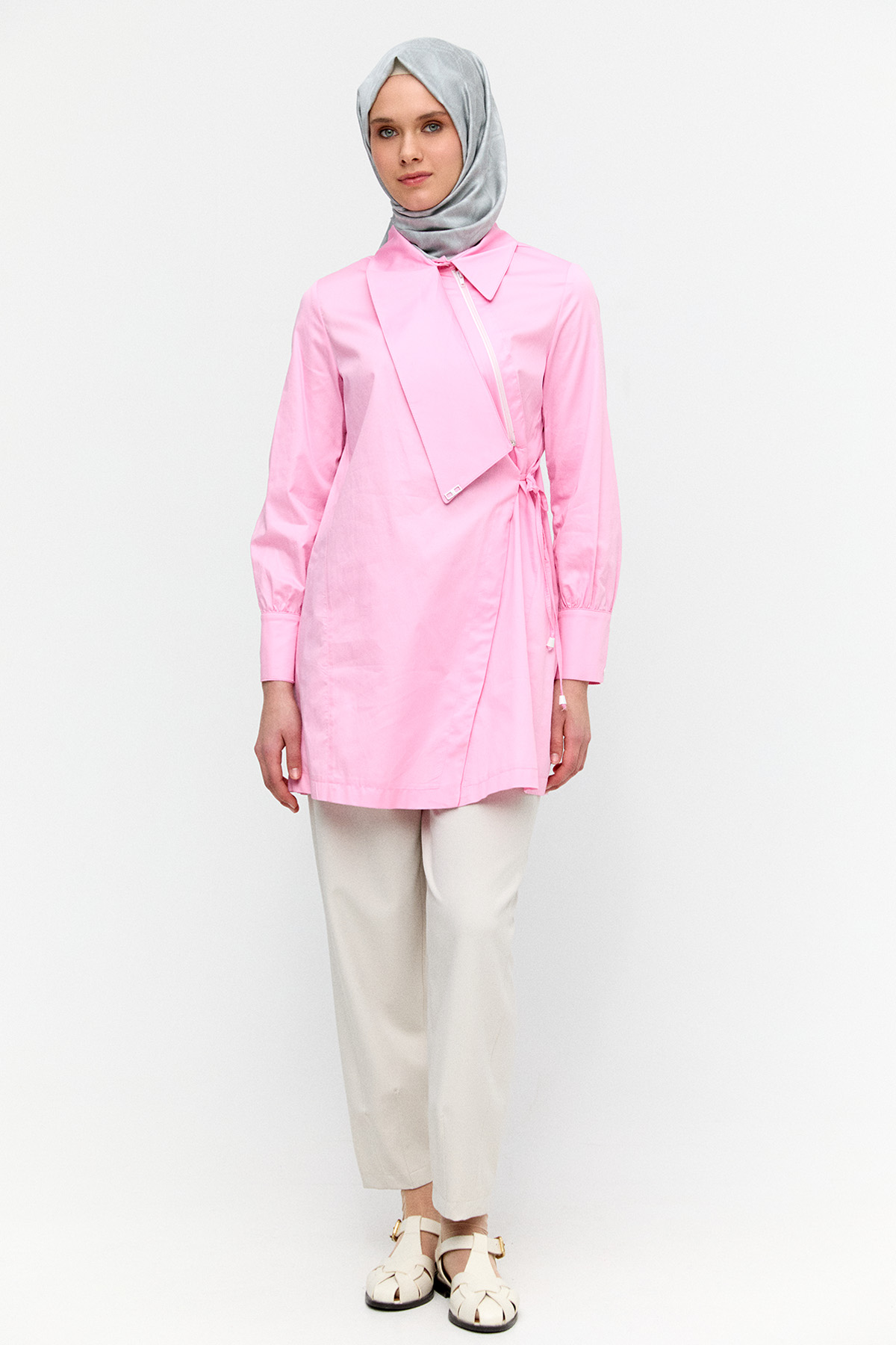 Asimetrik Yakalı Kuşaklı Pamuk Tunik, Tesettür Giyim