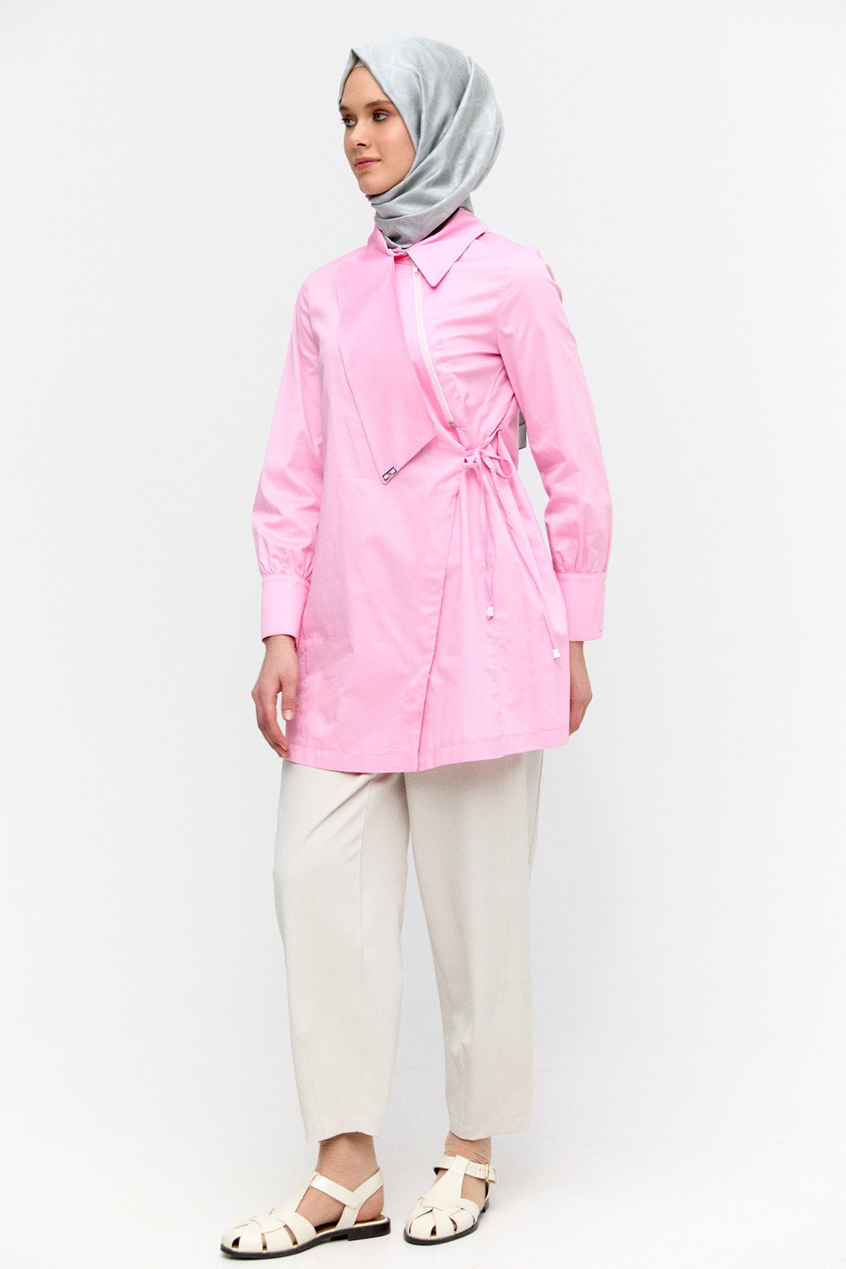 Asimetrik Yakalı Kuşaklı Pamuk Tunik, Tesettür Giyim