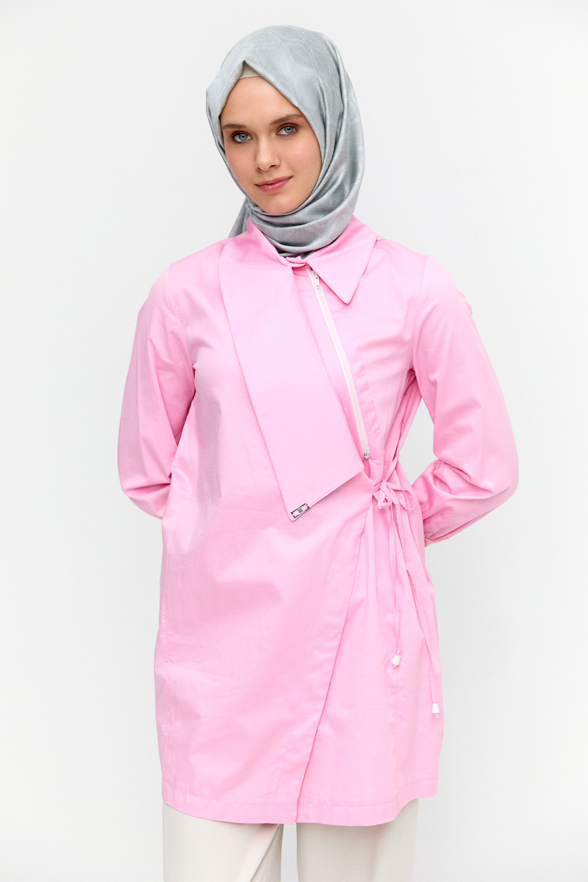 Asimetrik Yakalı Kuşaklı Pamuk Tunik, Tesettür Giyim