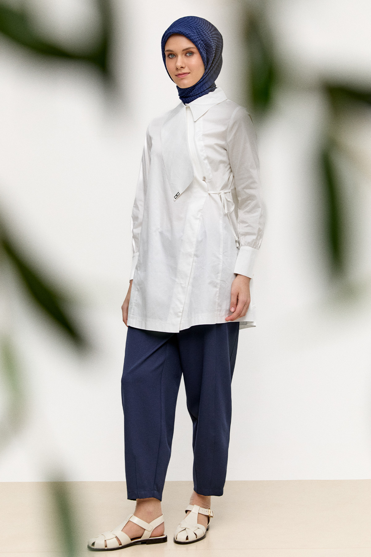 Asimetrik Yakalı Kuşaklı Pamuk Tunik, Tesettür Giyim