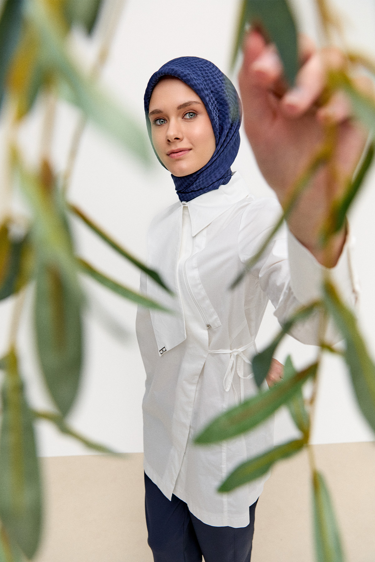 Asimetrik Yakalı Kuşaklı Pamuk Tunik, Tesettür Giyim