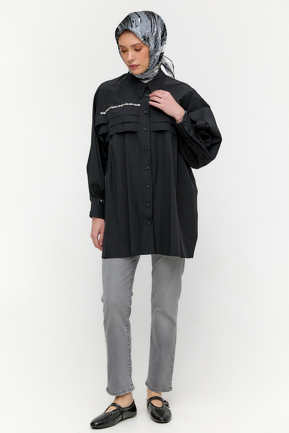 Taşlı Allerli Pamuklu Tunik, Tesettür Giyim