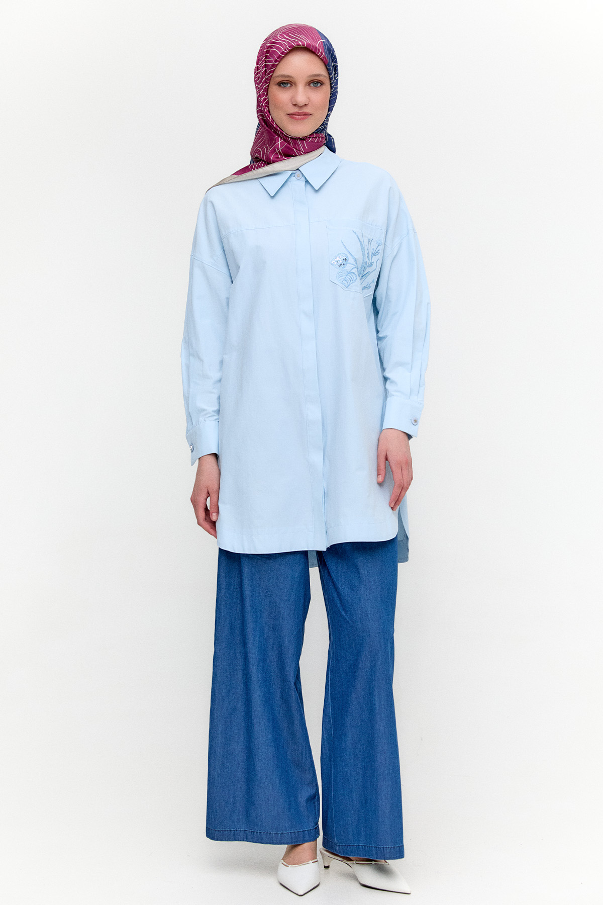 Nakış Detaylı Oversize Pamuklu Tunik, Tesettür Giyim