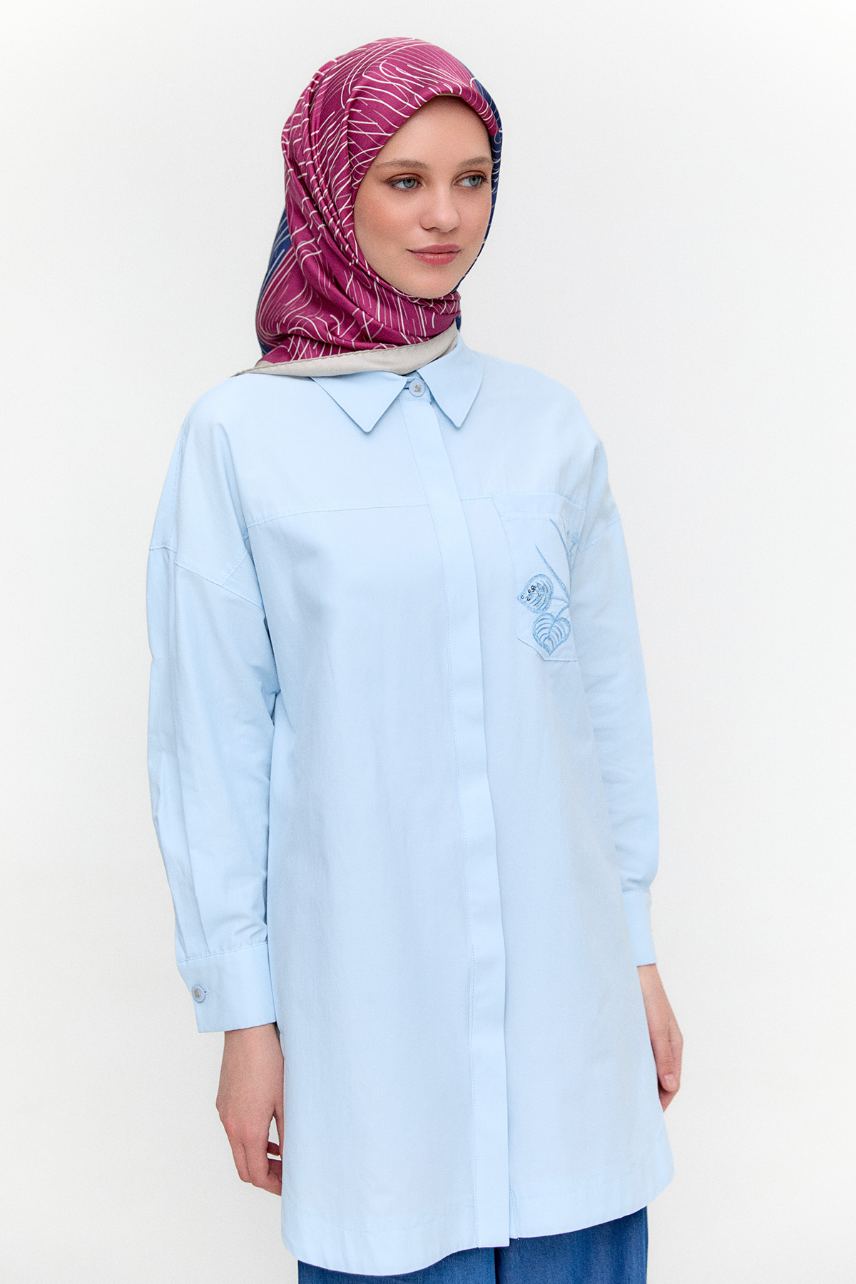 Nakış Detaylı Oversize Pamuklu Tunik, Tesettür Giyim