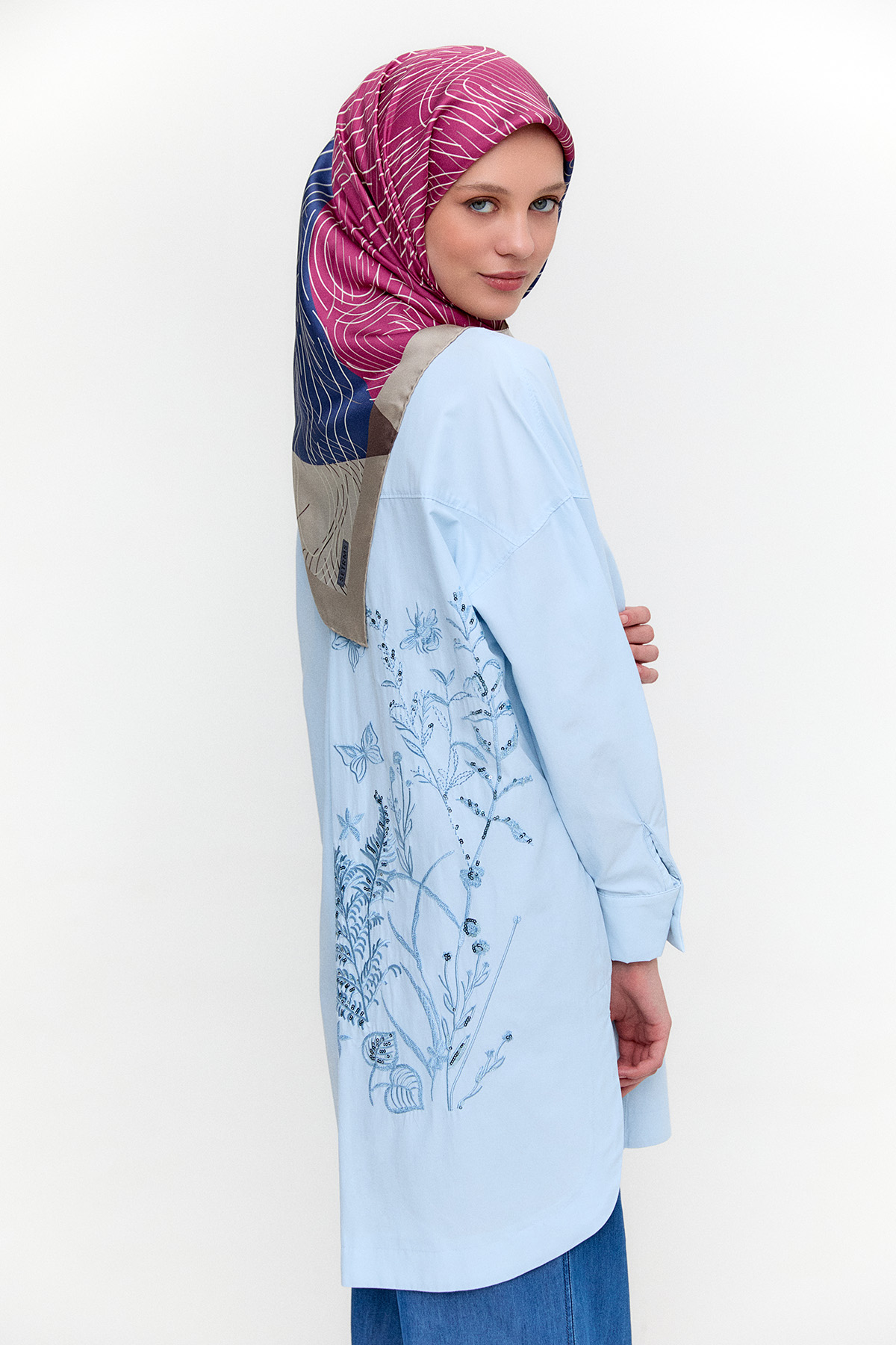 Nakış Detaylı Oversize Pamuklu Tunik, Tesettür Giyim