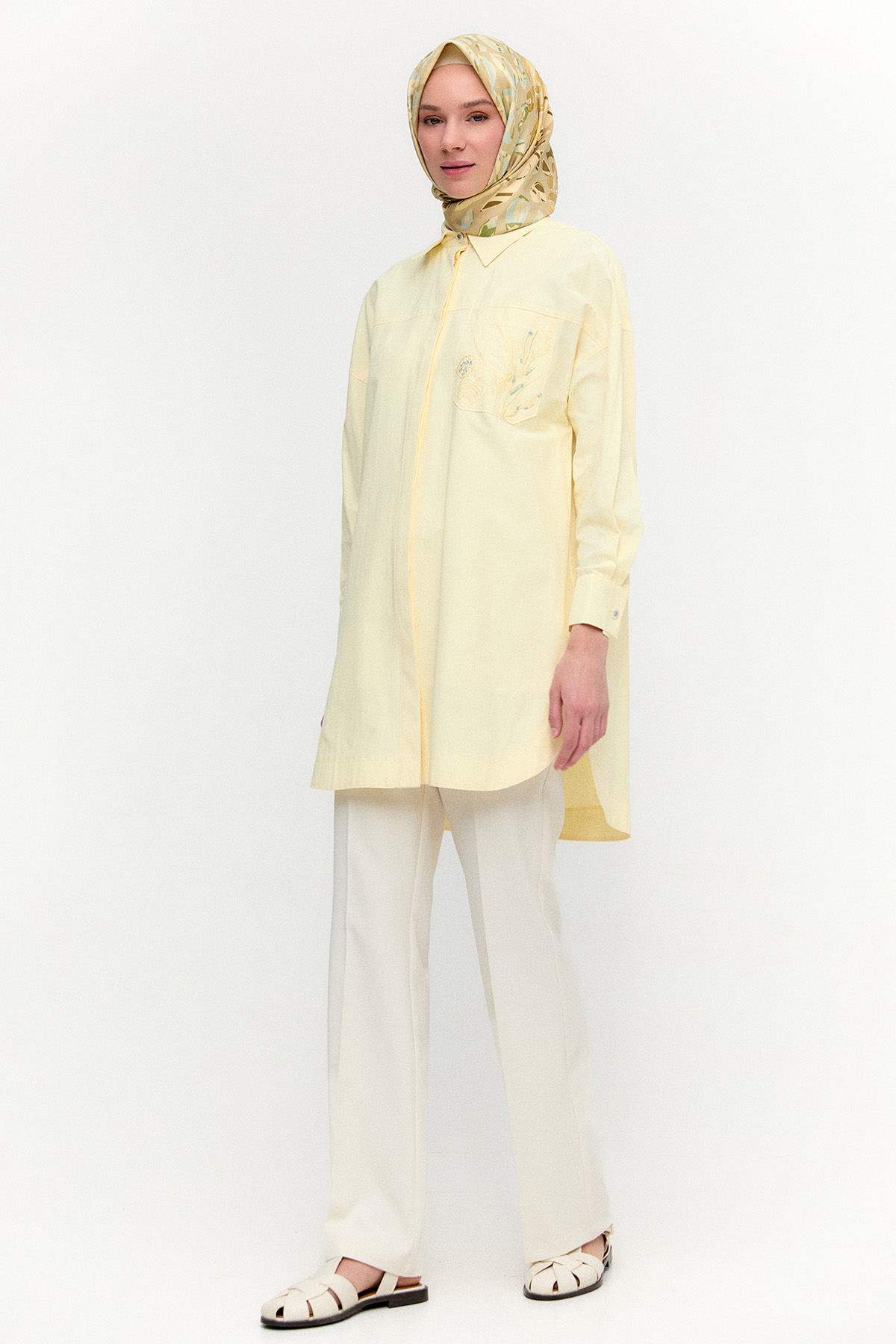 Nakış Detaylı Oversize Pamuklu Tunik, Tesettür Giyim