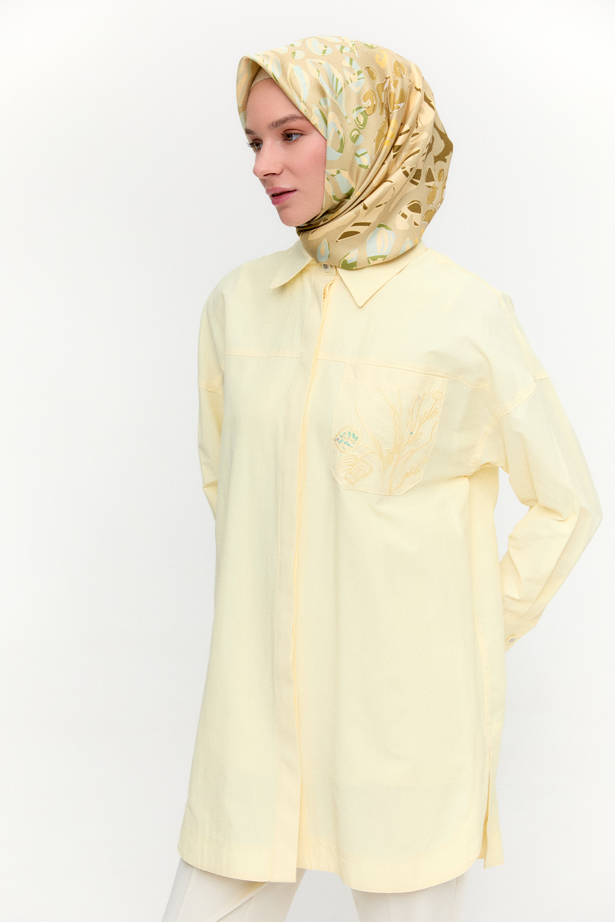 Nakış Detaylı Oversize Pamuklu Tunik, Tesettür Giyim