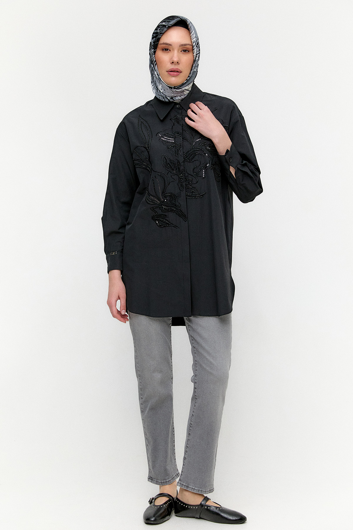 Boncuklu Çiçek Nakışlı Pamuk Tunik, Tesettür Giyim