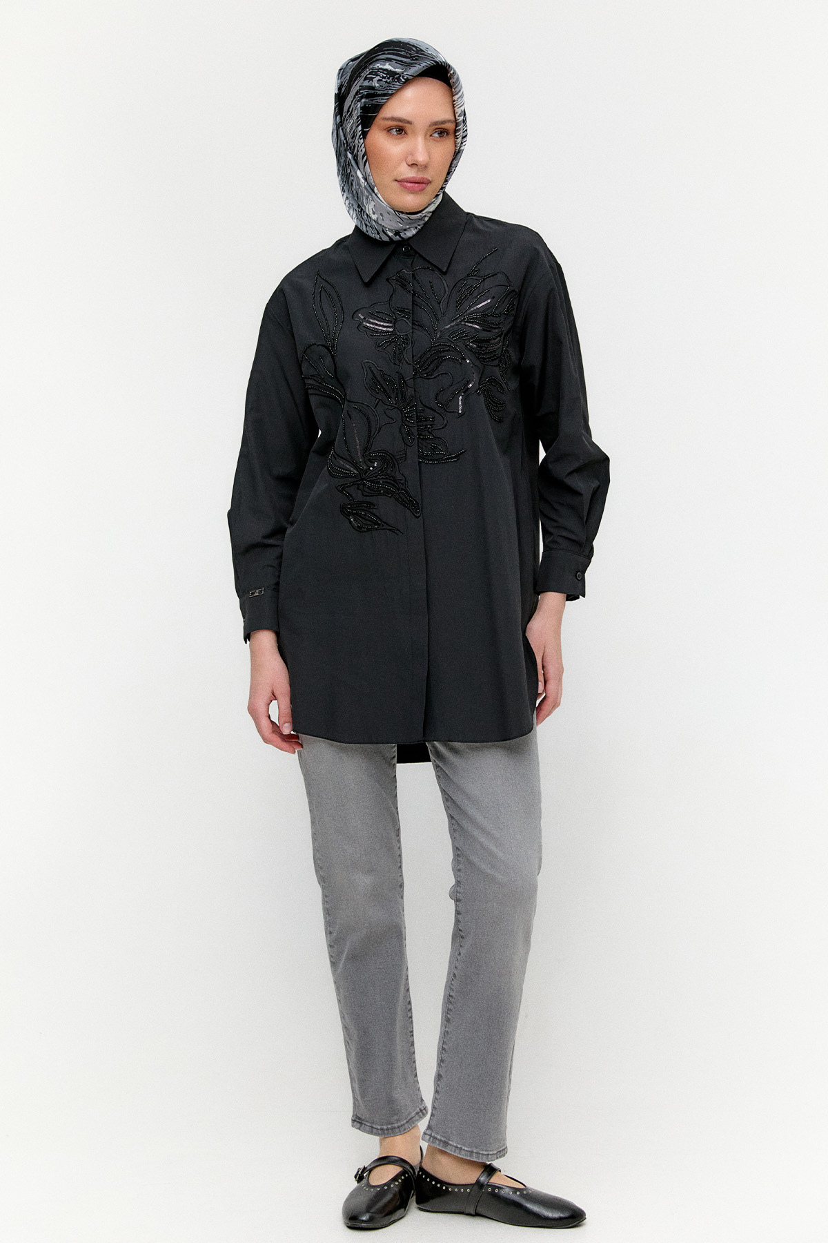 Boncuklu Çiçek Nakışlı Pamuk Tunik, Tesettür Giyim