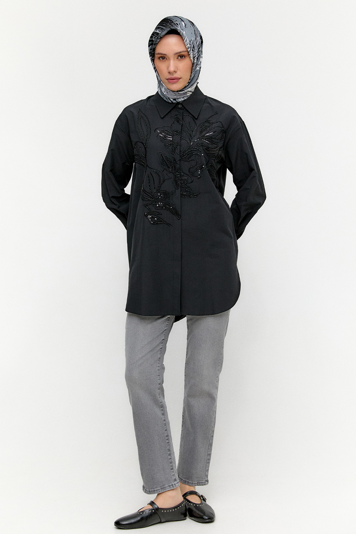 Boncuklu Çiçek Nakışlı Pamuk Tunik, Tesettür Giyim