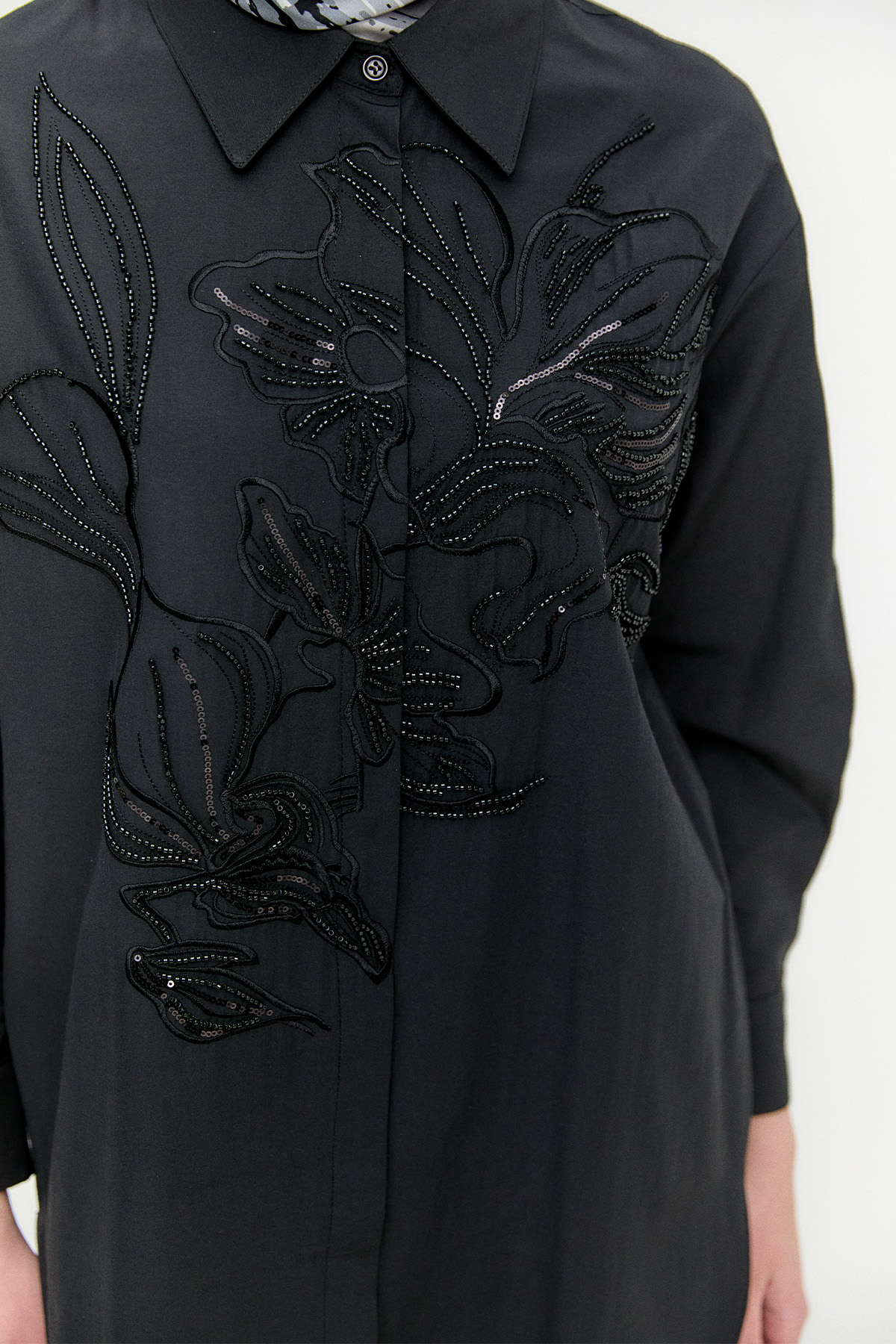 Boncuklu Çiçek Nakışlı Pamuk Tunik, Tesettür Giyim