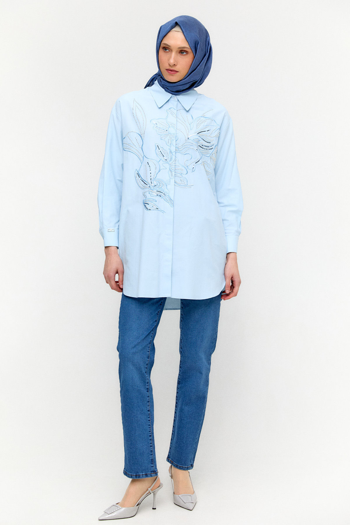 Boncuklu Çiçek Nakışlı Pamuk Tunik, Tesettür Giyim