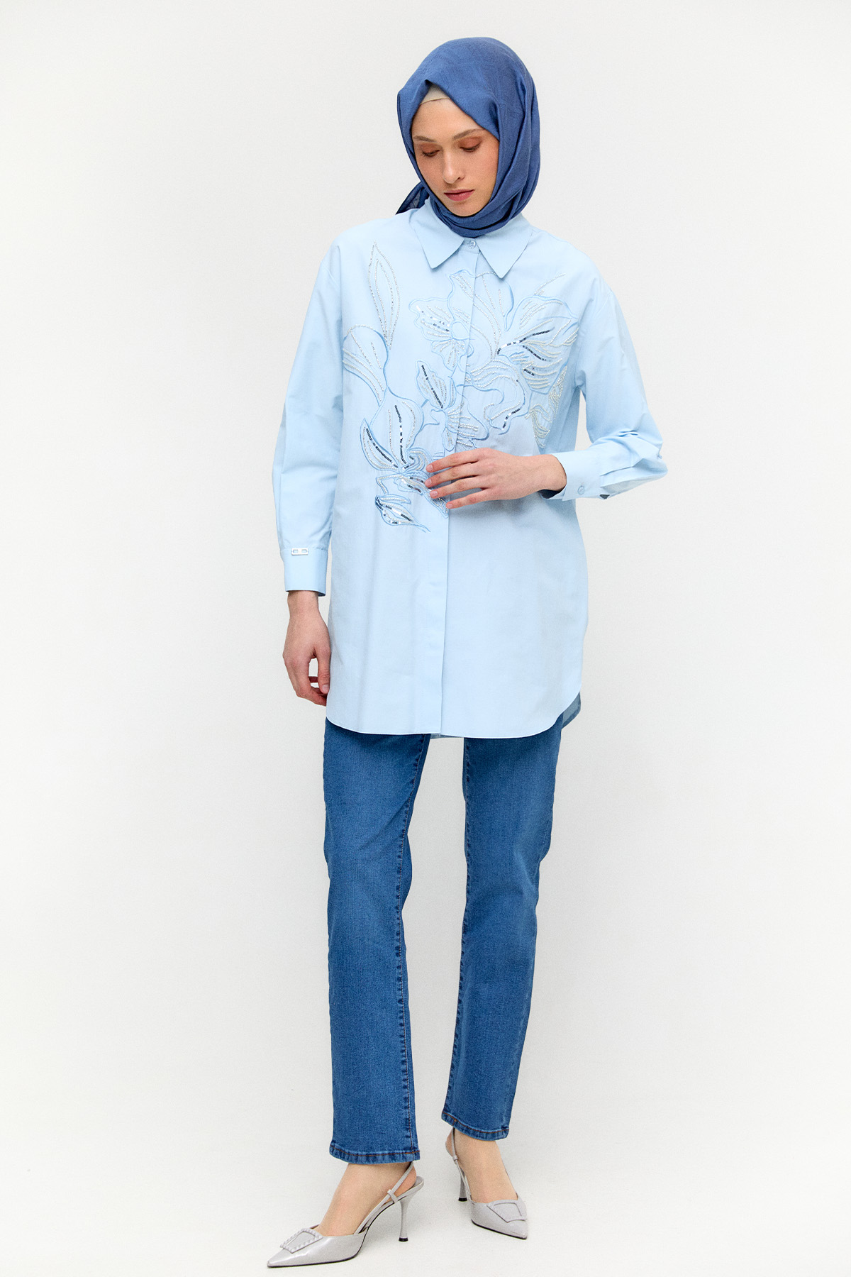 Boncuklu Çiçek Nakışlı Pamuk Tunik, Tesettür Giyim