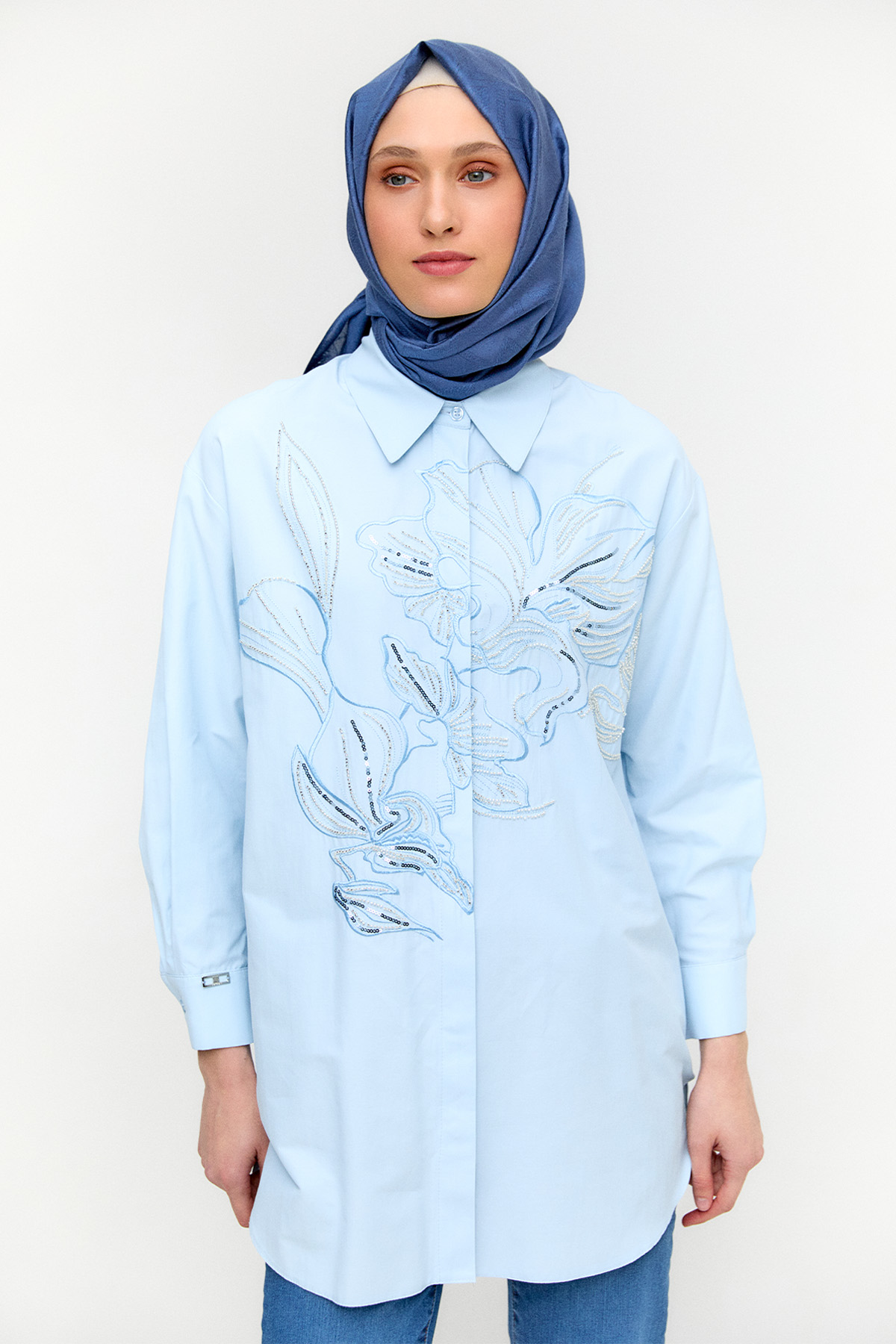 Boncuklu Çiçek Nakışlı Pamuk Tunik, Tesettür Giyim