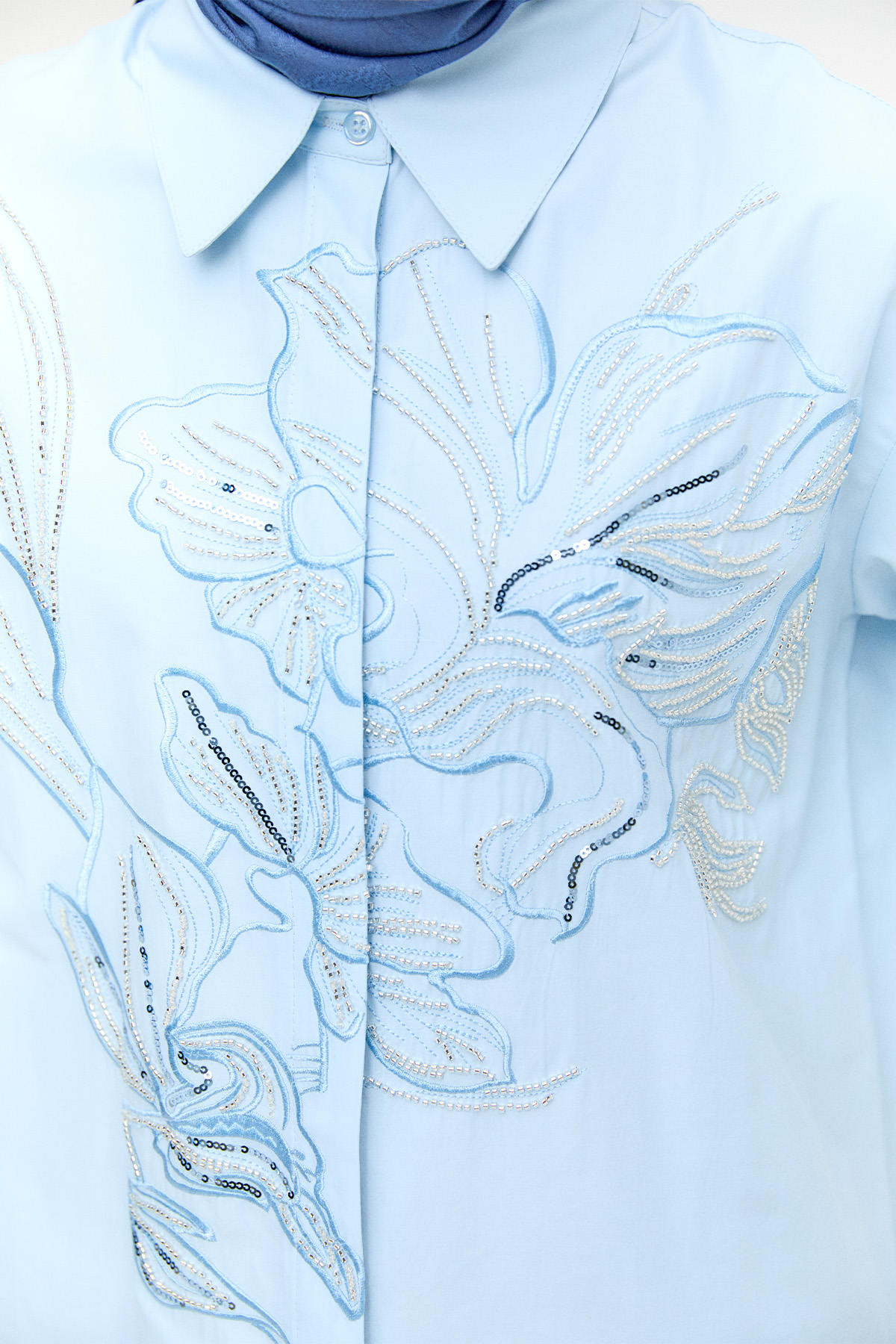 Boncuklu Çiçek Nakışlı Pamuk Tunik, Tesettür Giyim