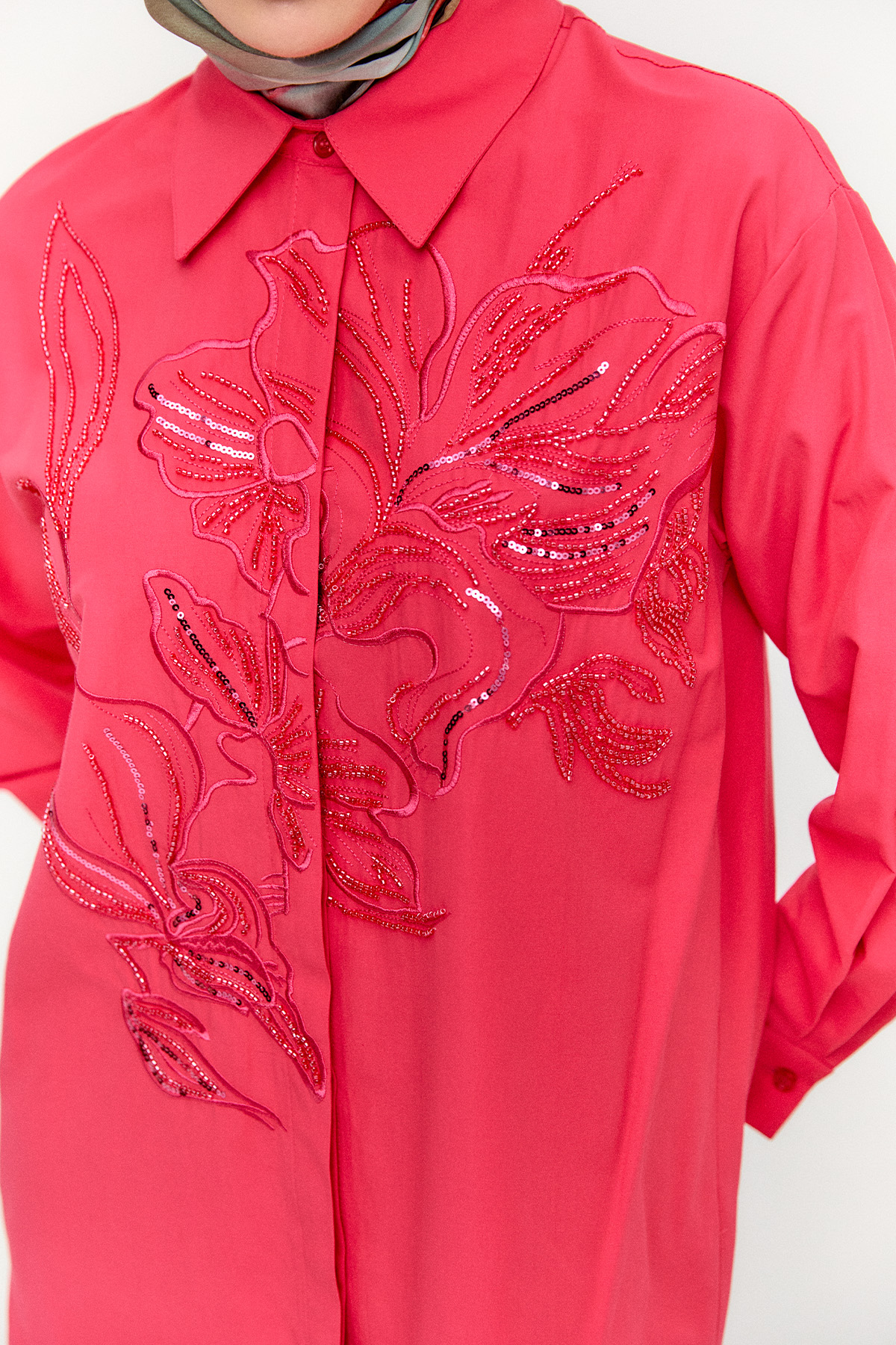 Boncuklu Çiçek Nakışlı Pamuk Tunik, Tesettür Giyim