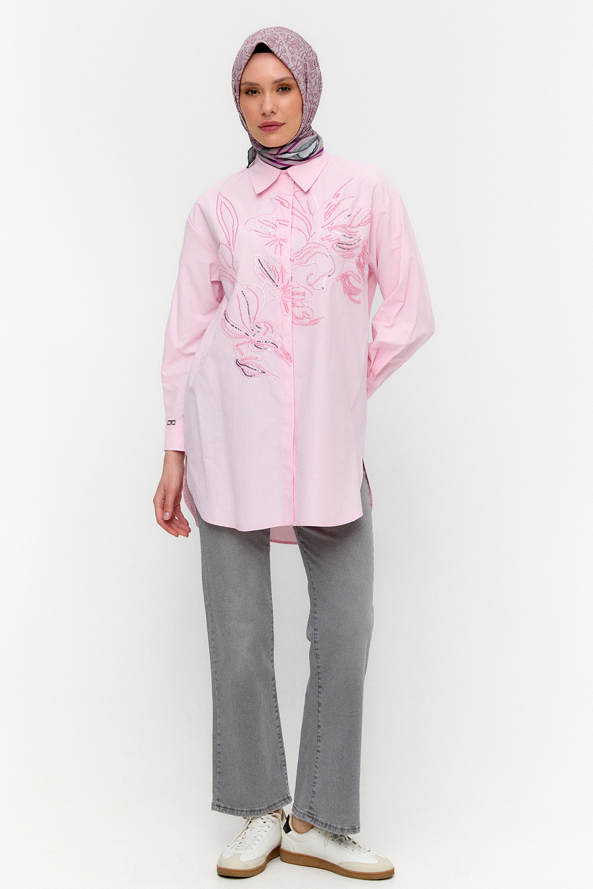 Boncuklu Çiçek Nakışlı Pamuk Tunik, Tesettür Giyim