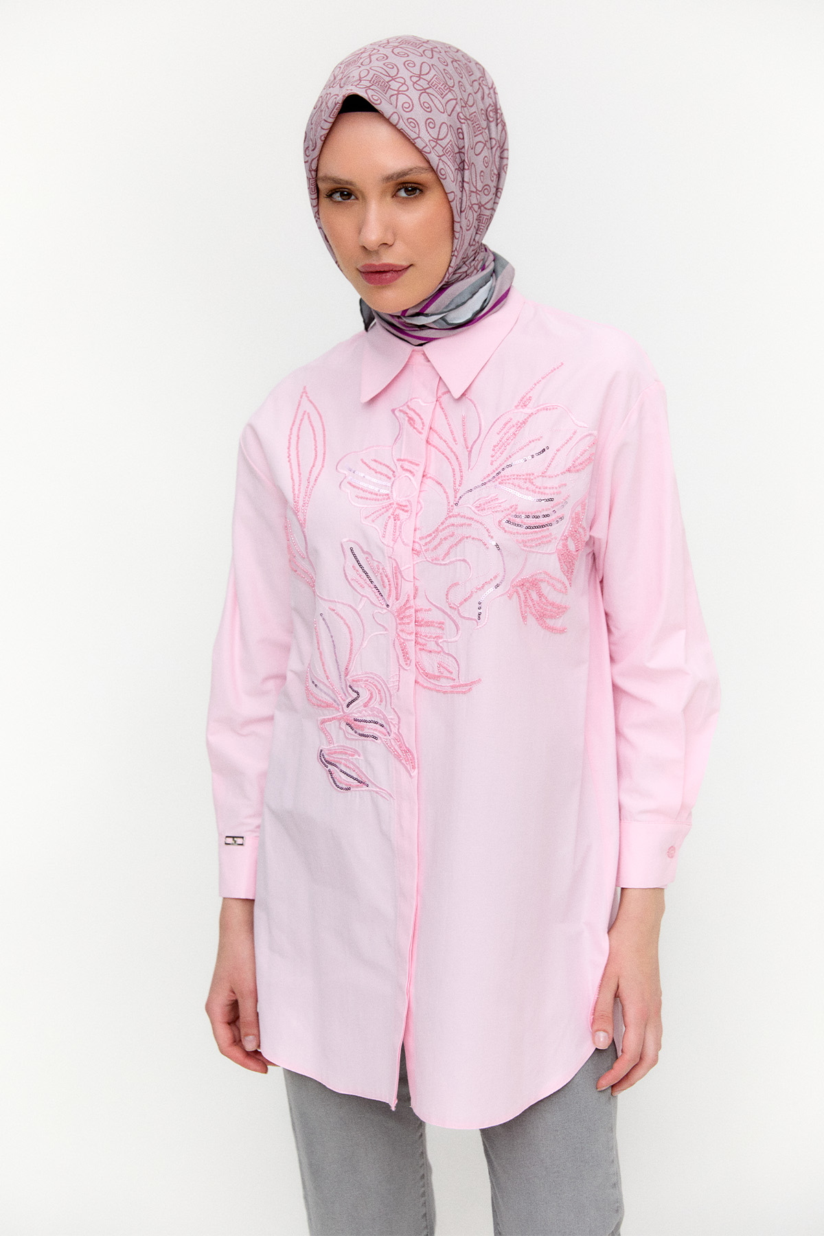 Boncuklu Çiçek Nakışlı Pamuk Tunik, Tesettür Giyim
