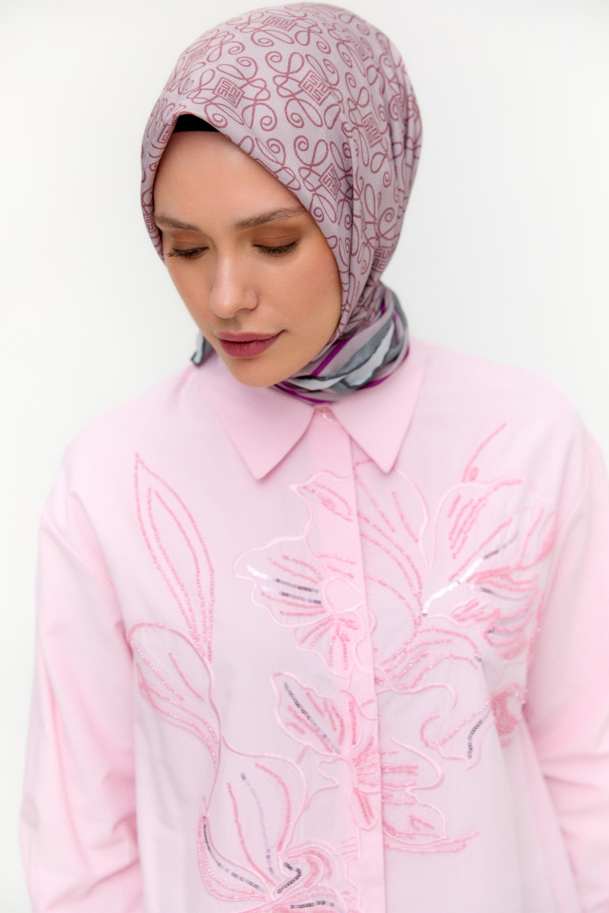 Boncuklu Çiçek Nakışlı Pamuk Tunik, Tesettür Giyim