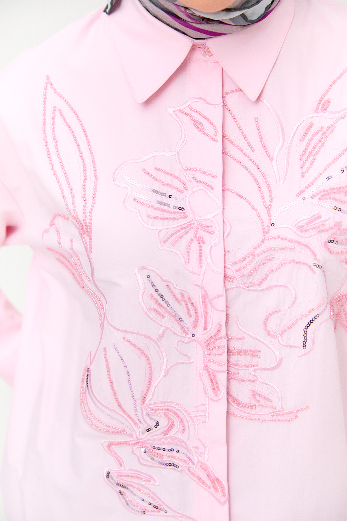 Boncuklu Çiçek Nakışlı Pamuk Tunik, Tesettür Giyim