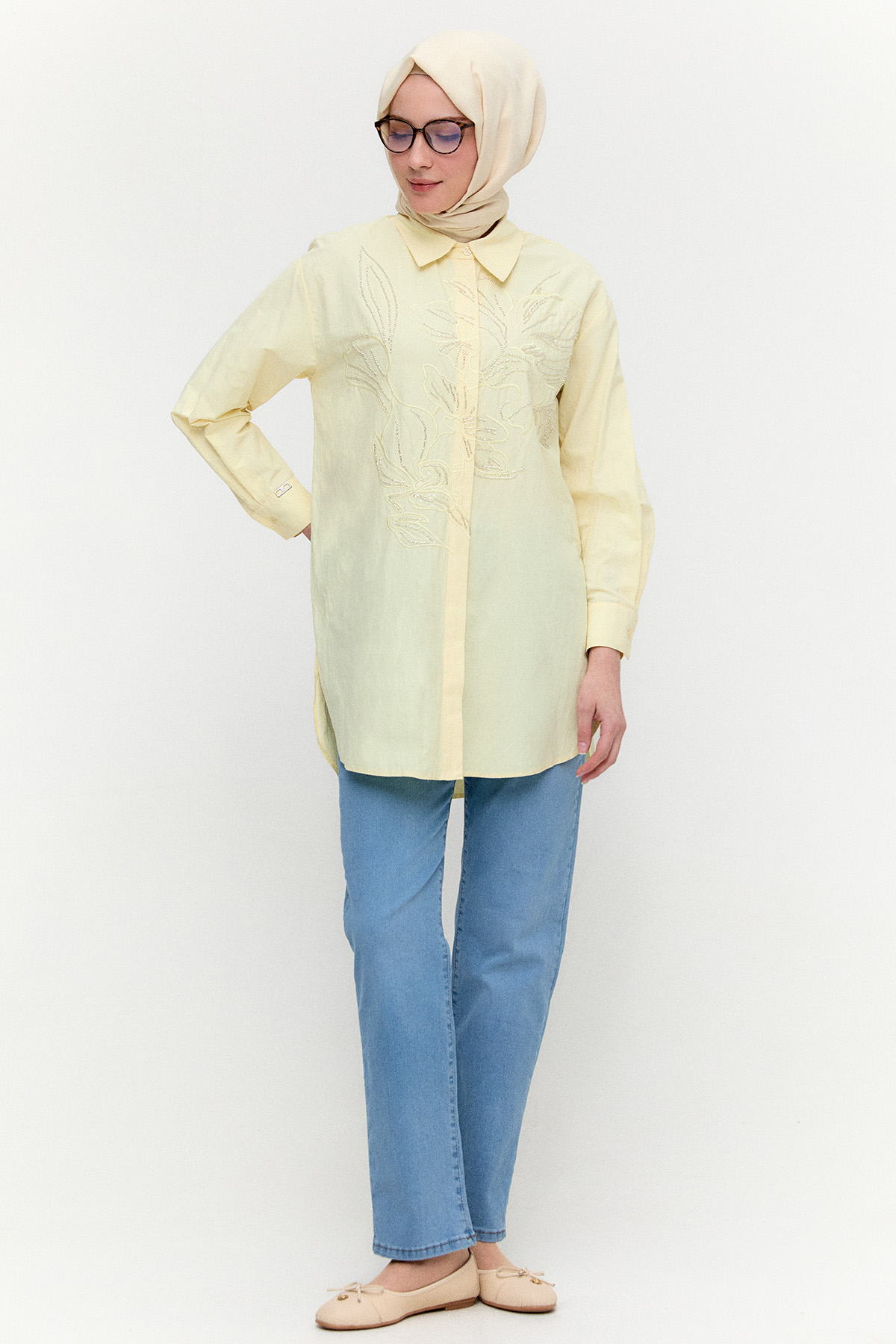 Boncuklu Çiçek Nakışlı Pamuk Tunik, Tesettür Giyim