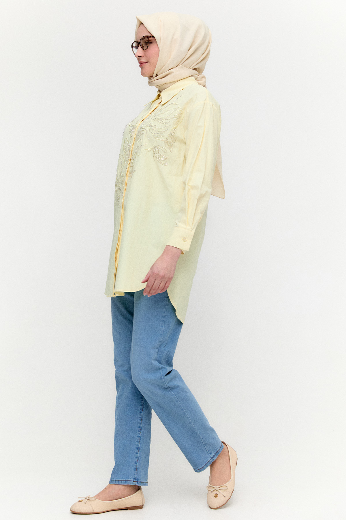 Boncuklu Çiçek Nakışlı Pamuk Tunik, Tesettür Giyim