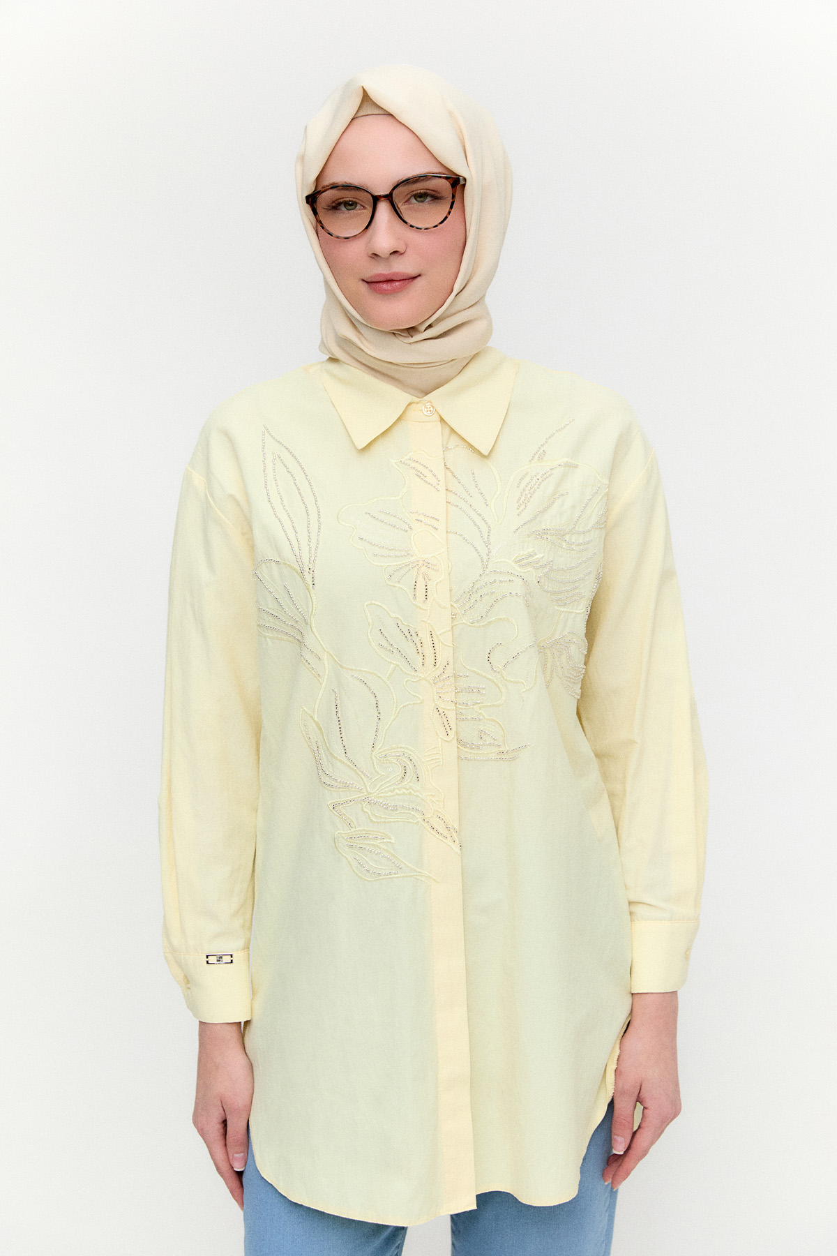 Boncuklu Çiçek Nakışlı Pamuk Tunik, Tesettür Giyim