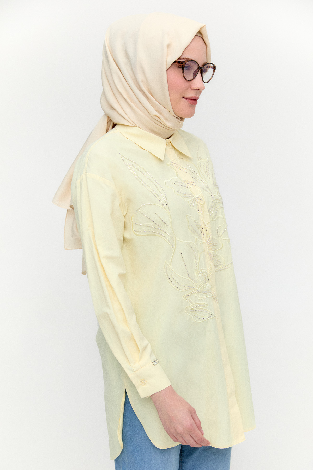 Boncuklu Çiçek Nakışlı Pamuk Tunik, Tesettür Giyim