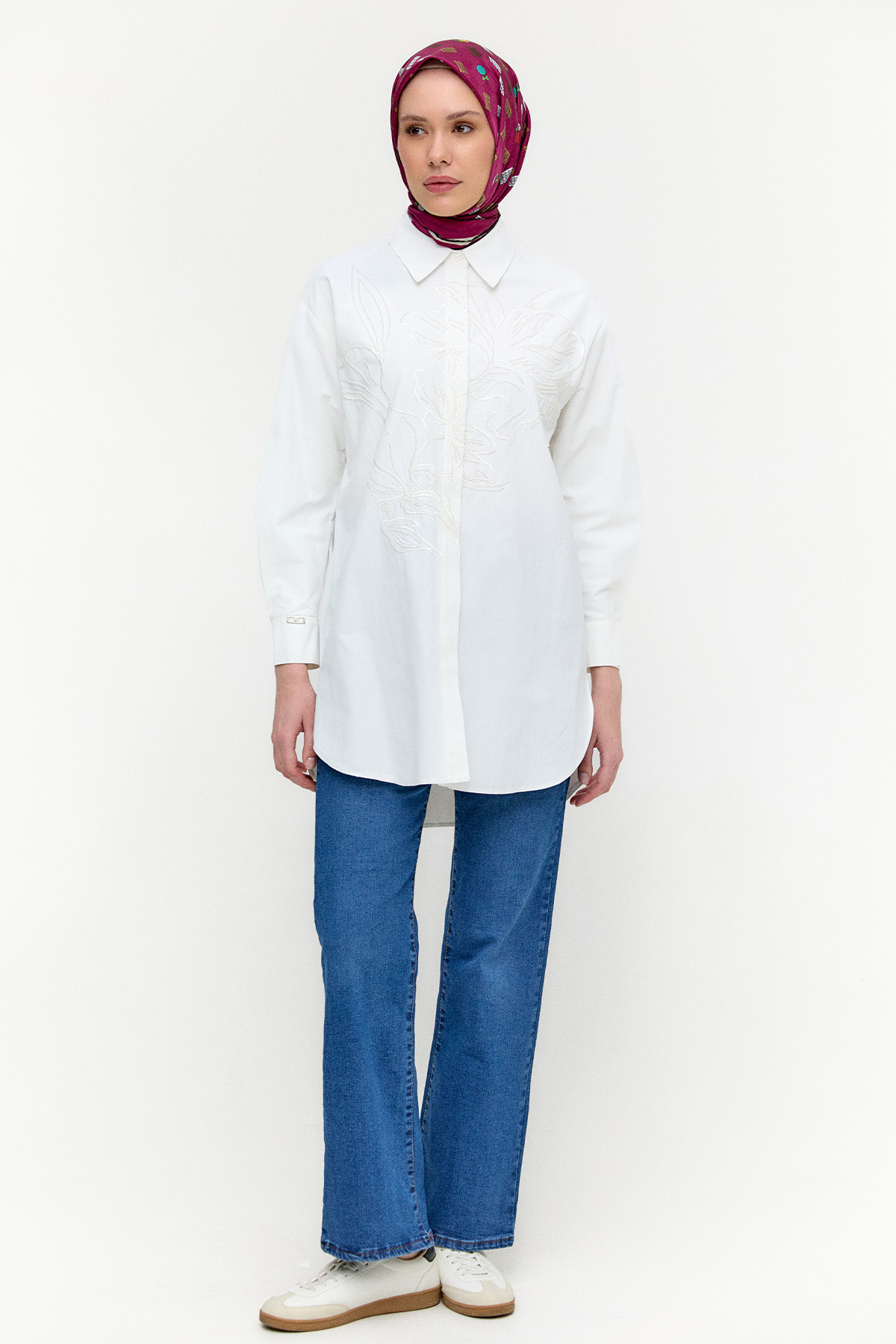 Boncuklu Çiçek Nakışlı Pamuk Tunik, Tesettür Giyim