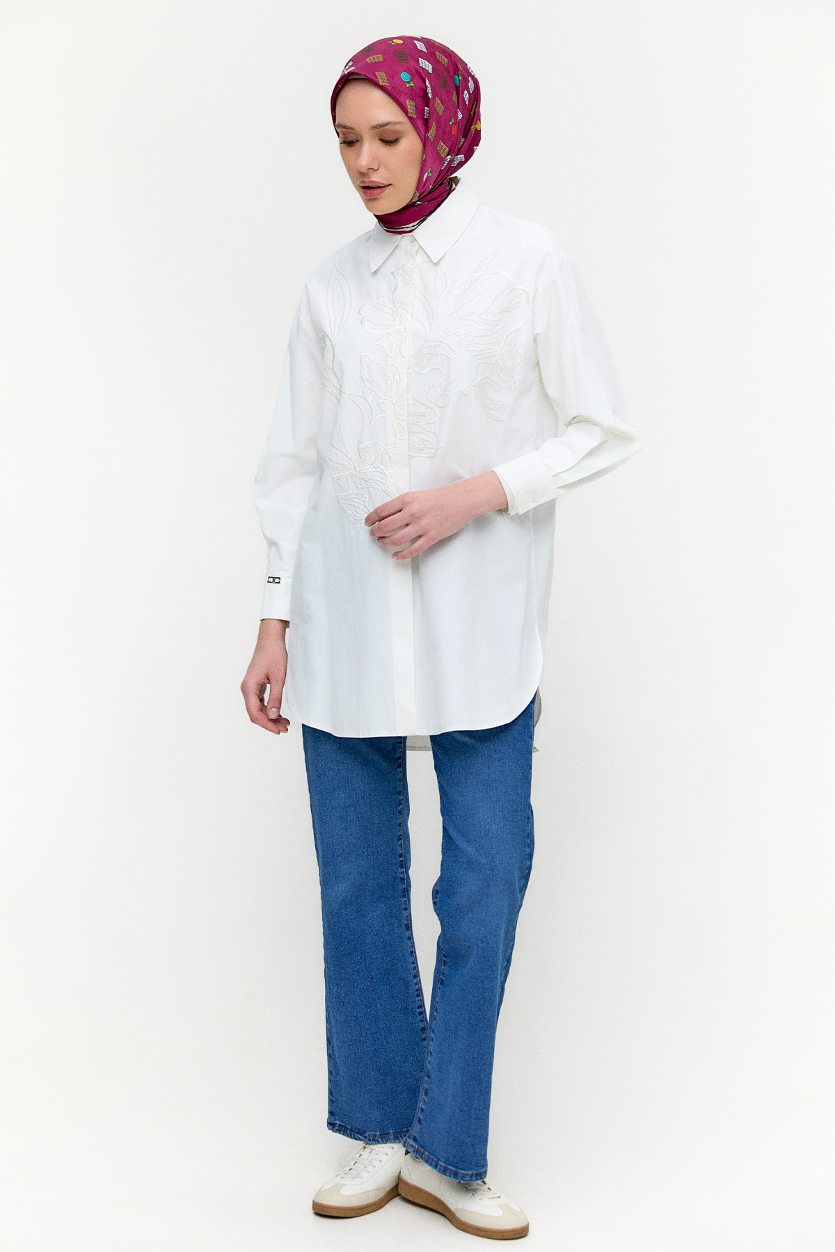 Boncuklu Çiçek Nakışlı Pamuk Tunik, Tesettür Giyim