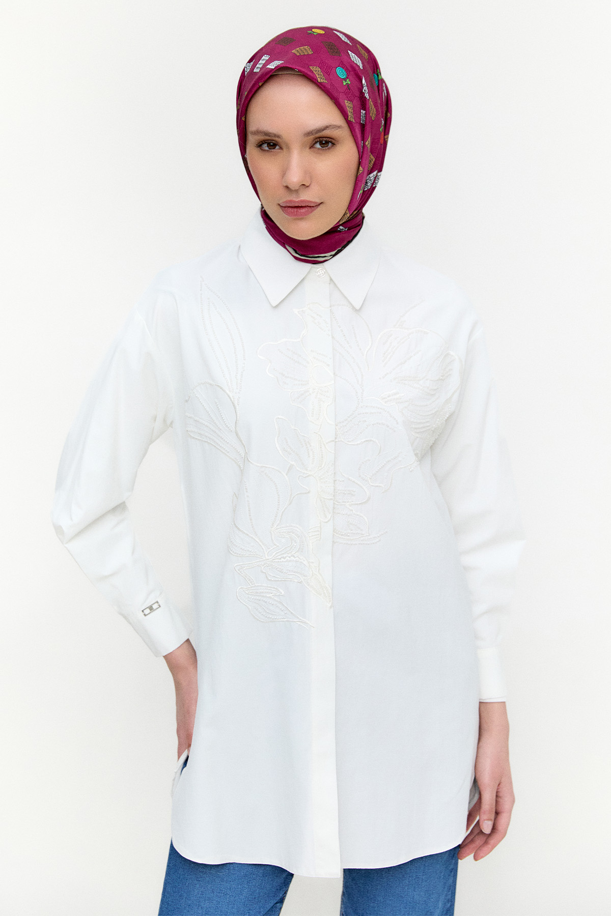 Boncuklu Çiçek Nakışlı Pamuk Tunik, Tesettür Giyim