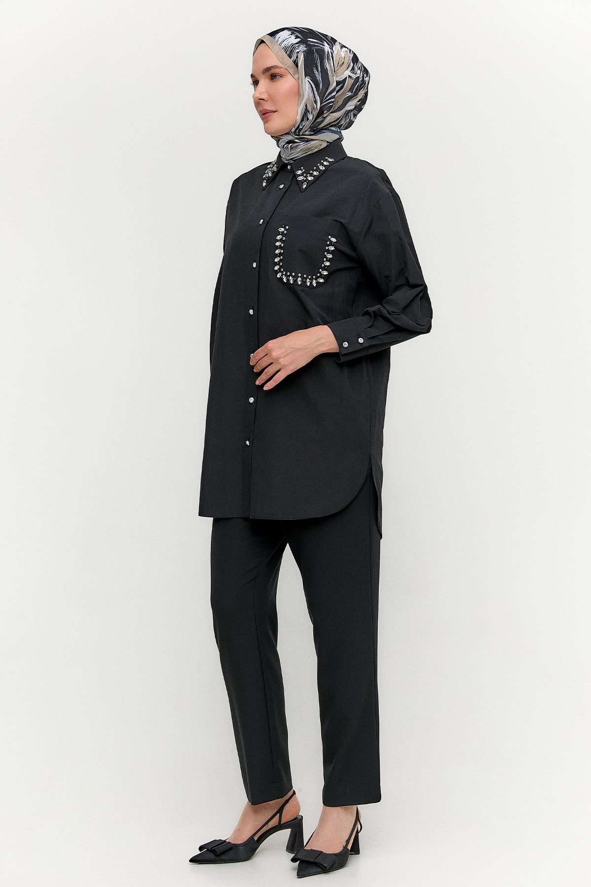 Taş Detaylı Oversize Pamuklu Tunik, Tesettür Giyim