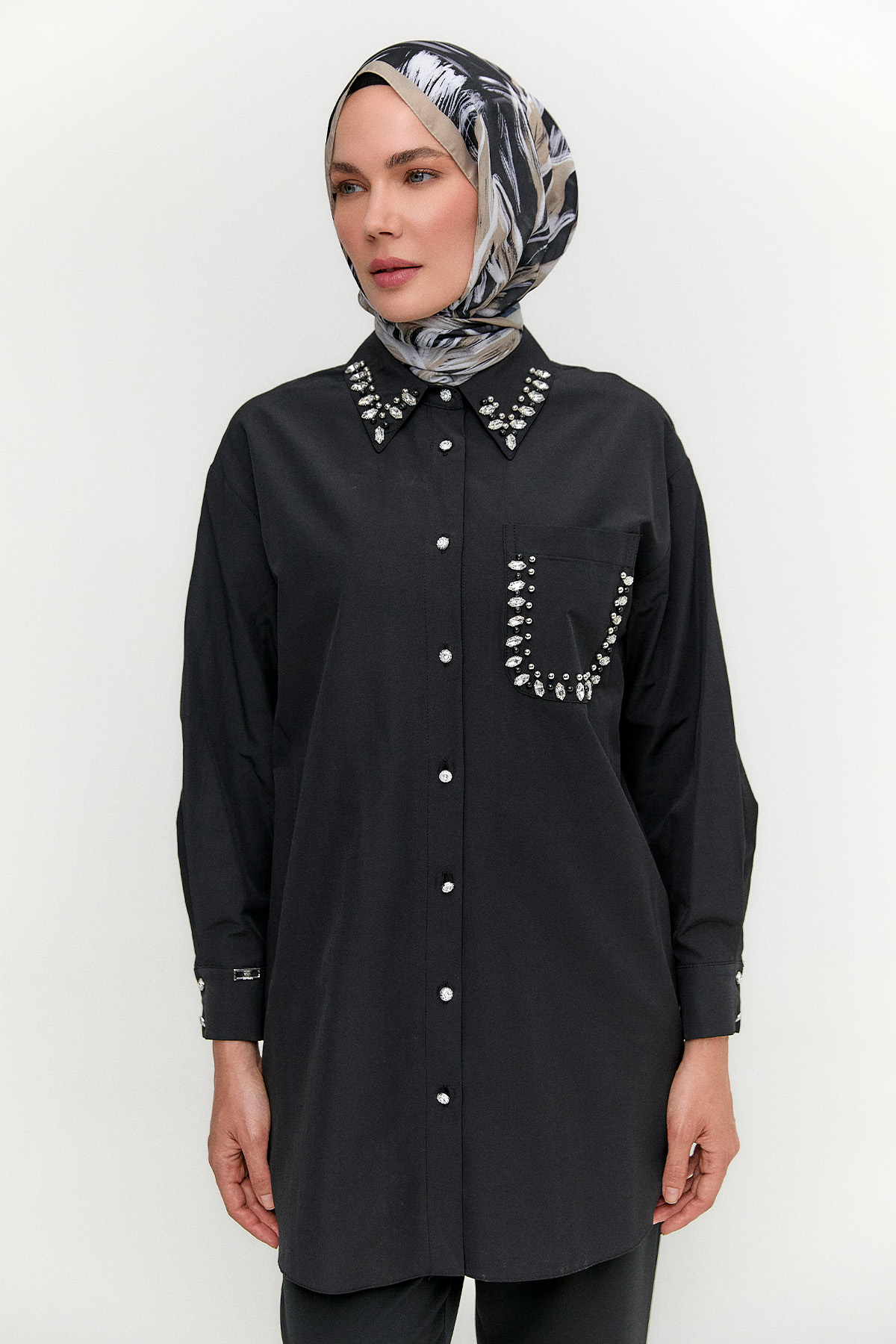 Taş Detaylı Oversize Pamuklu Tunik, Tesettür Giyim
