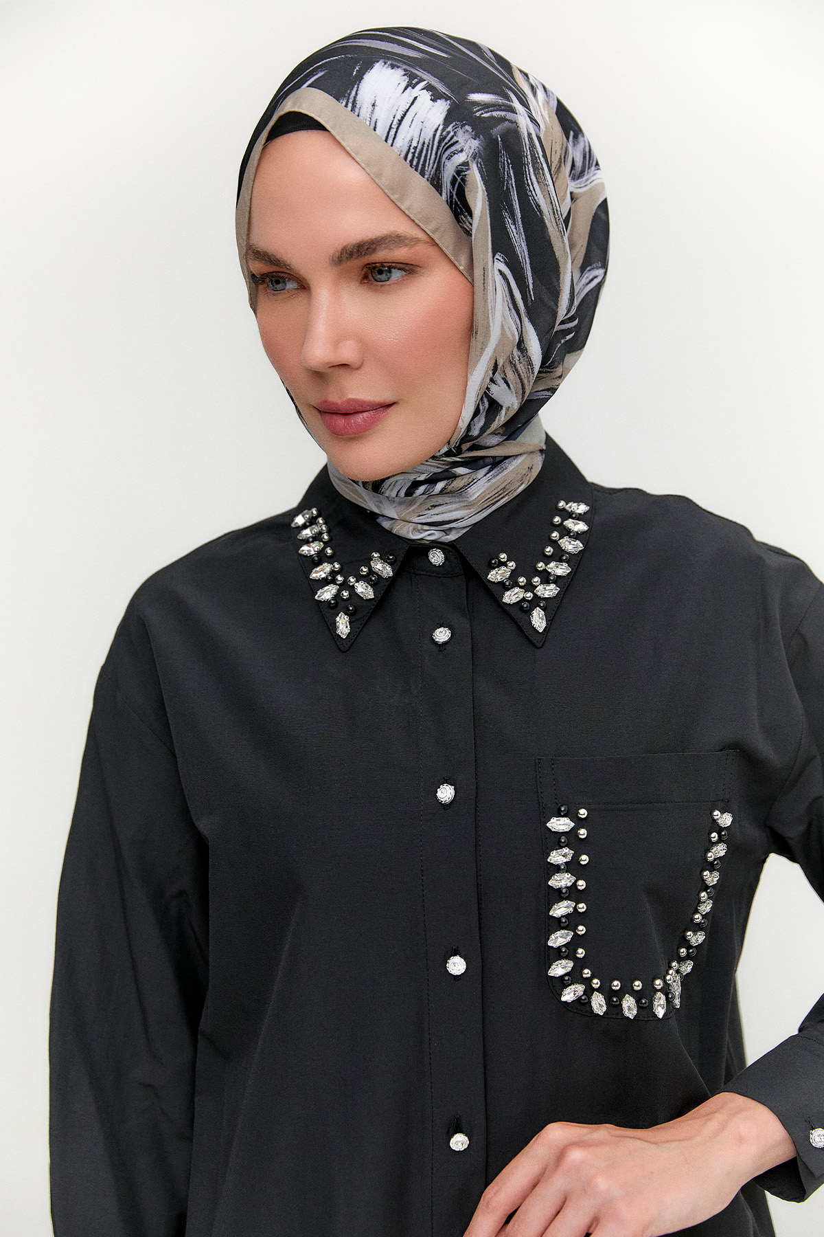 Taş Detaylı Oversize Pamuklu Tunik, Tesettür Giyim