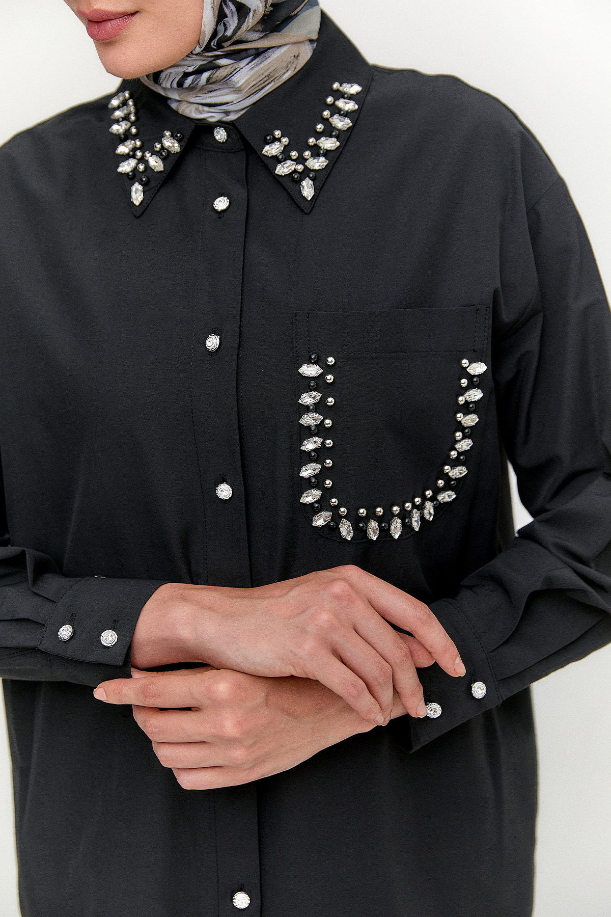 Taş Detaylı Oversize Pamuklu Tunik, Tesettür Giyim