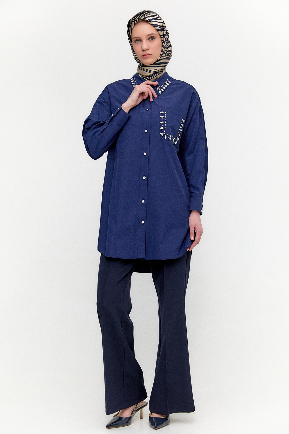 Taş Detaylı Oversize Pamuklu Tunik, Tesettür Giyim