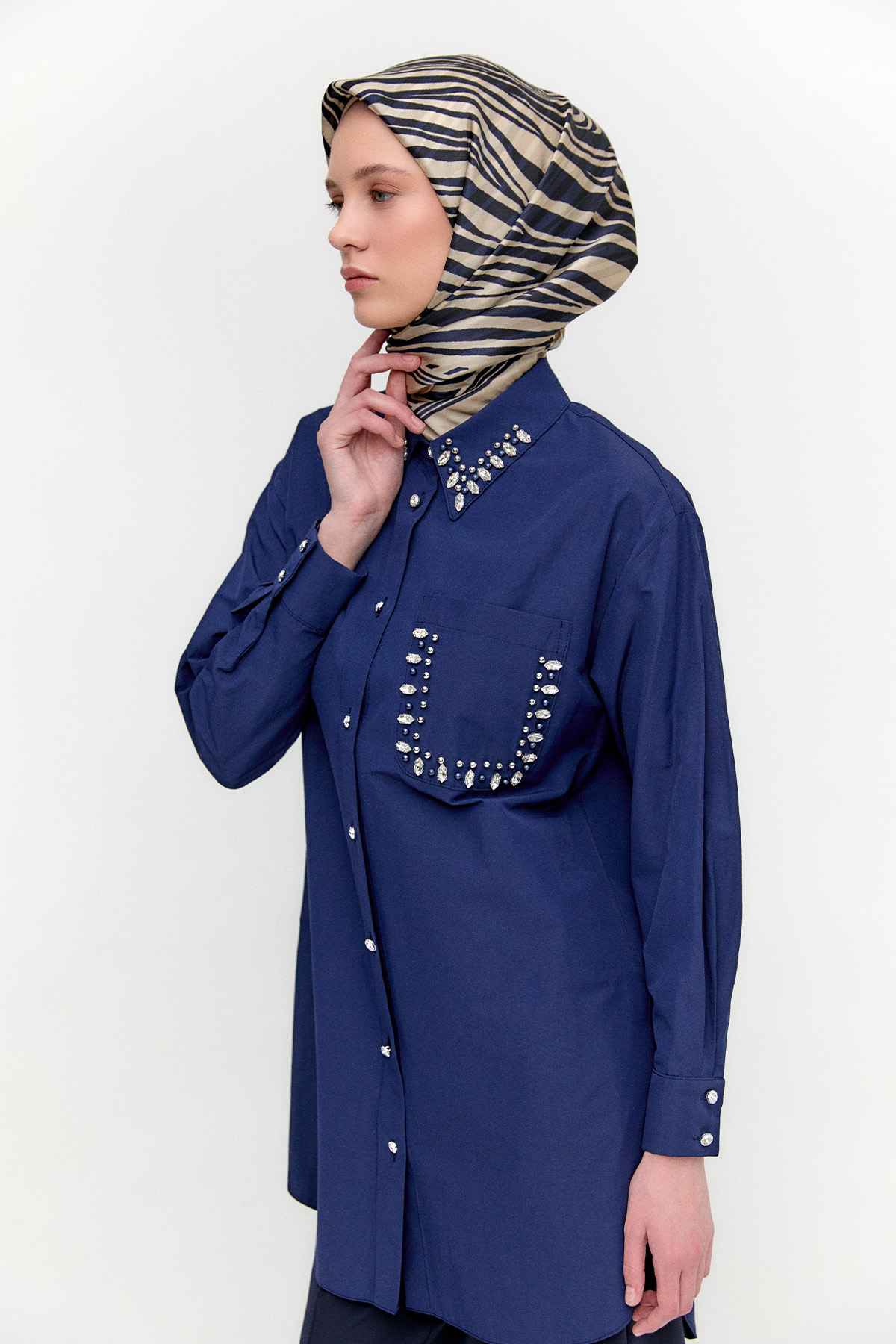 Taş Detaylı Oversize Pamuklu Tunik, Tesettür Giyim