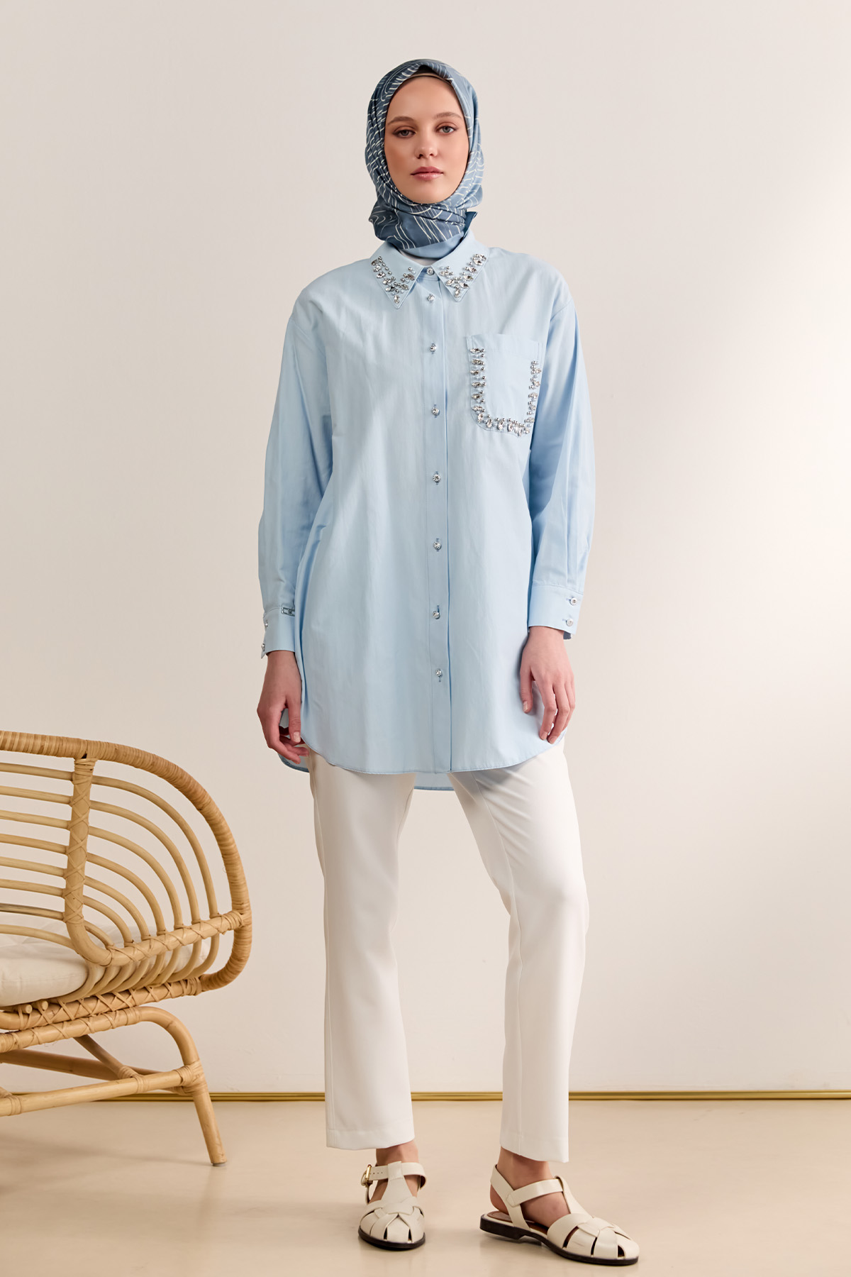 Taş Detaylı Oversize Pamuklu Tunik, Tesettür Giyim