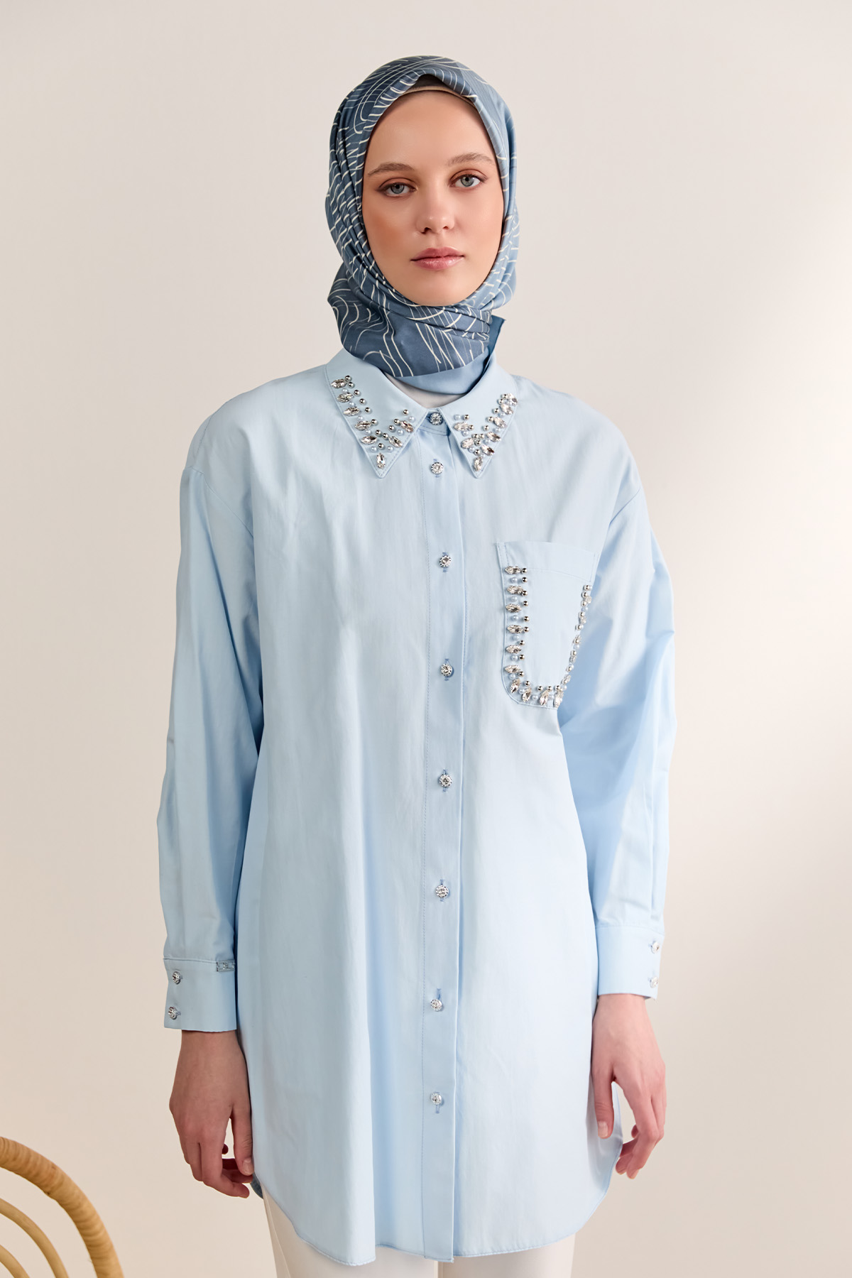 Taş Detaylı Oversize Pamuklu Tunik, Tesettür Giyim