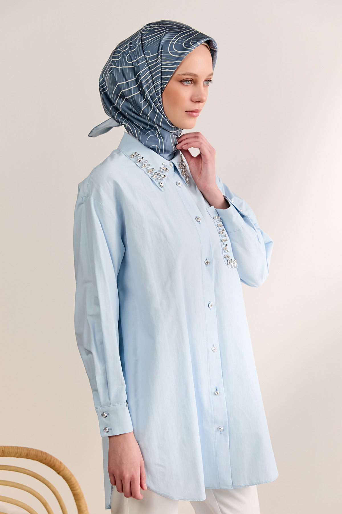 Taş Detaylı Oversize Pamuklu Tunik, Tesettür Giyim