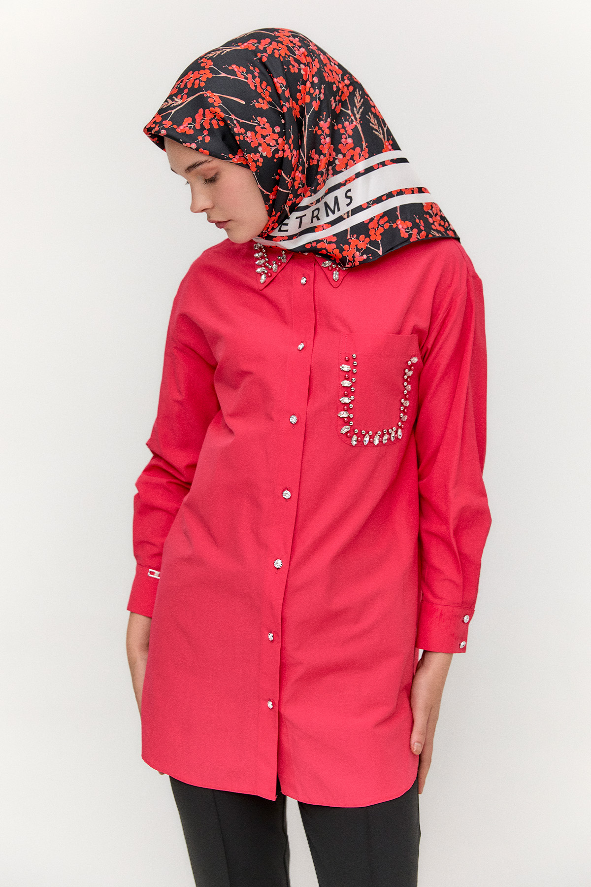 Taş Detaylı Oversize Pamuklu Tunik, Tesettür Giyim