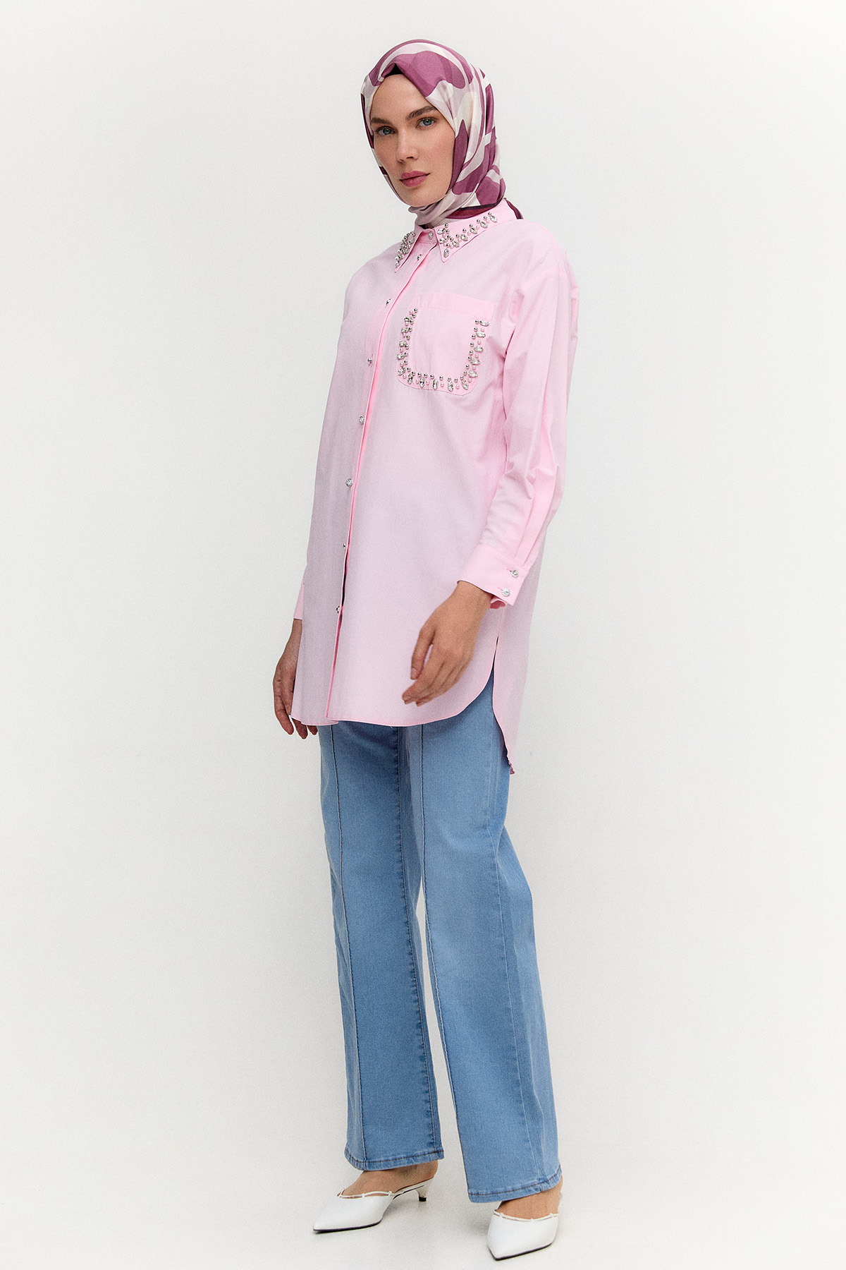 Taş Detaylı Oversize Pamuklu Tunik, Tesettür Giyim