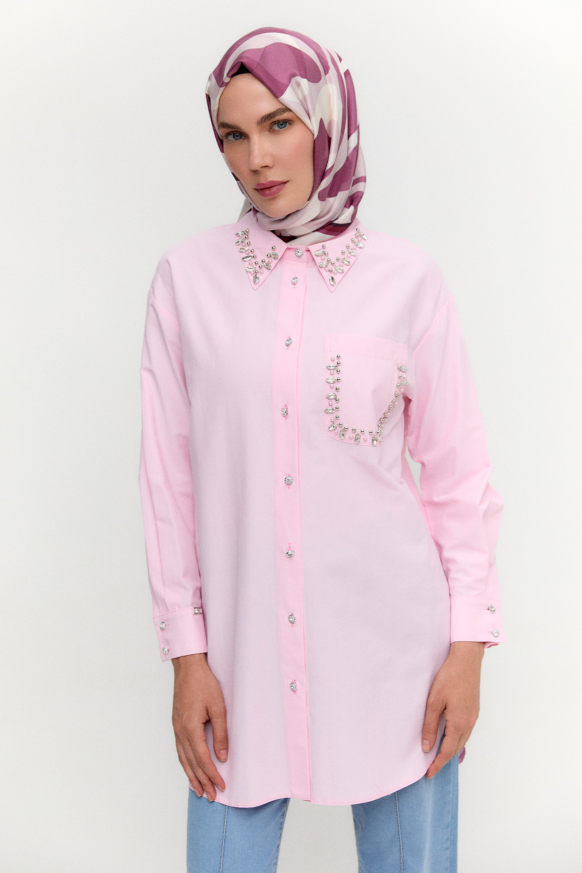 Taş Detaylı Oversize Pamuklu Tunik, Tesettür Giyim