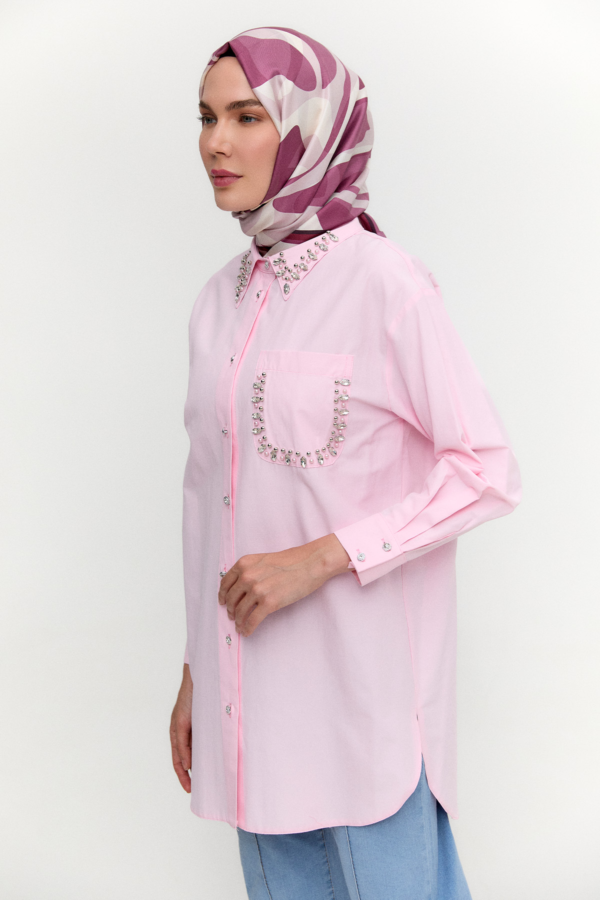 Taş Detaylı Oversize Pamuklu Tunik, Tesettür Giyim
