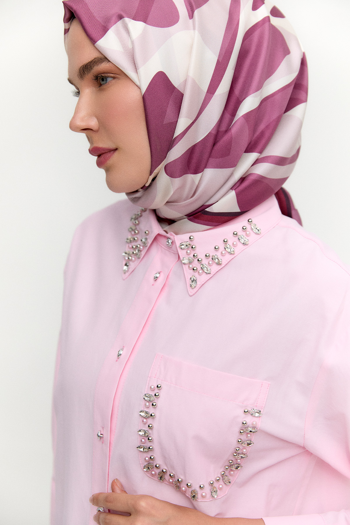 Taş Detaylı Oversize Pamuklu Tunik, Tesettür Giyim