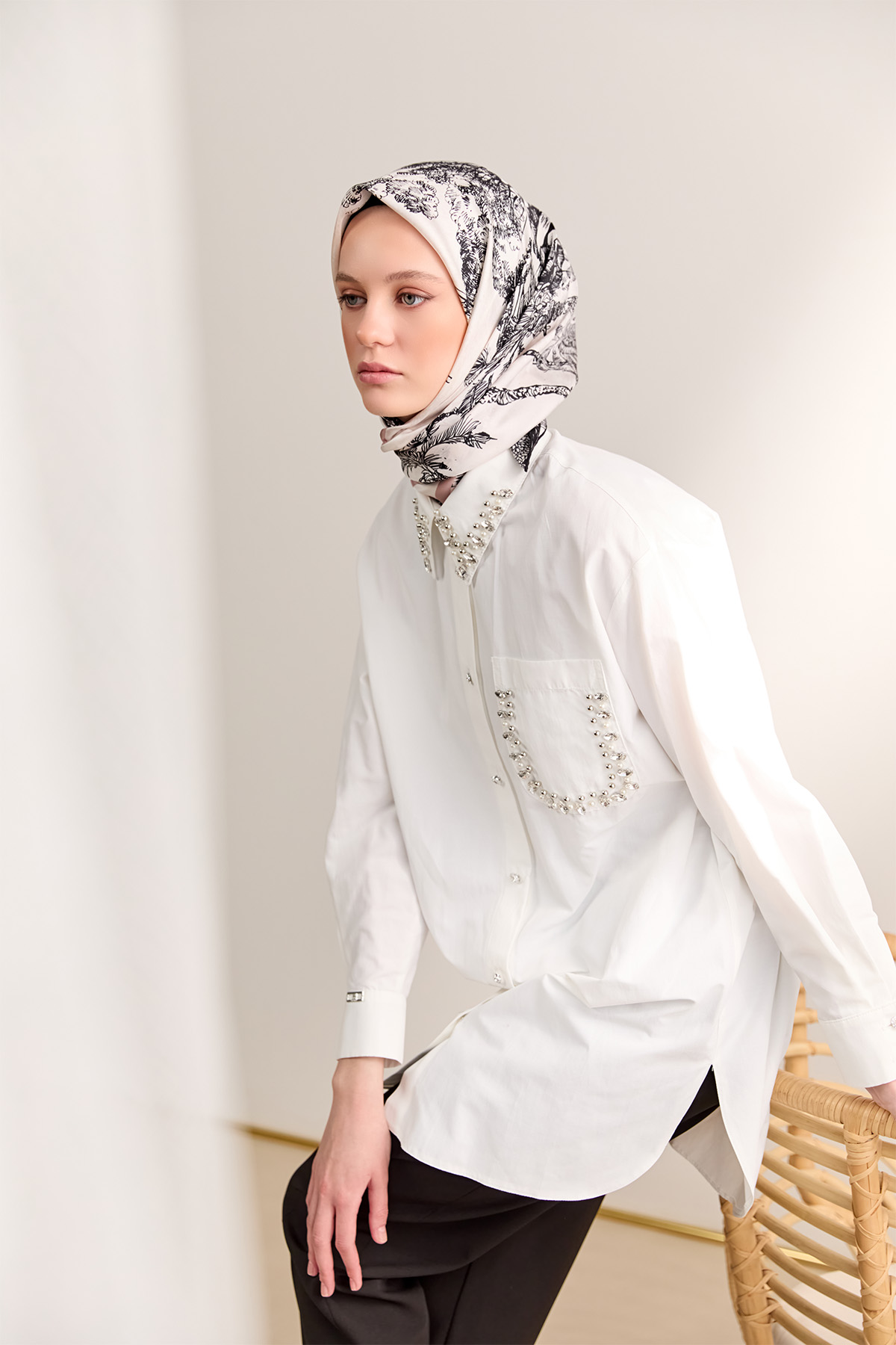 Taş Detaylı Oversize Pamuklu Tunik, Tesettür Giyim